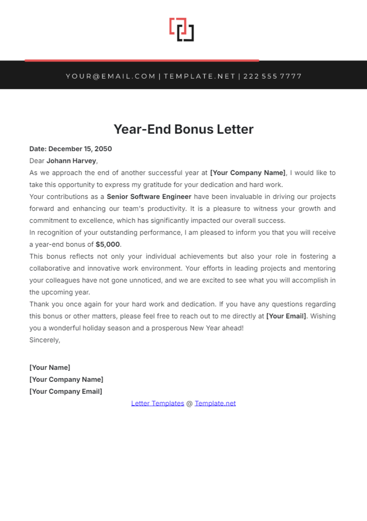 Free Year-End Bonus Letter Template to Edit Online