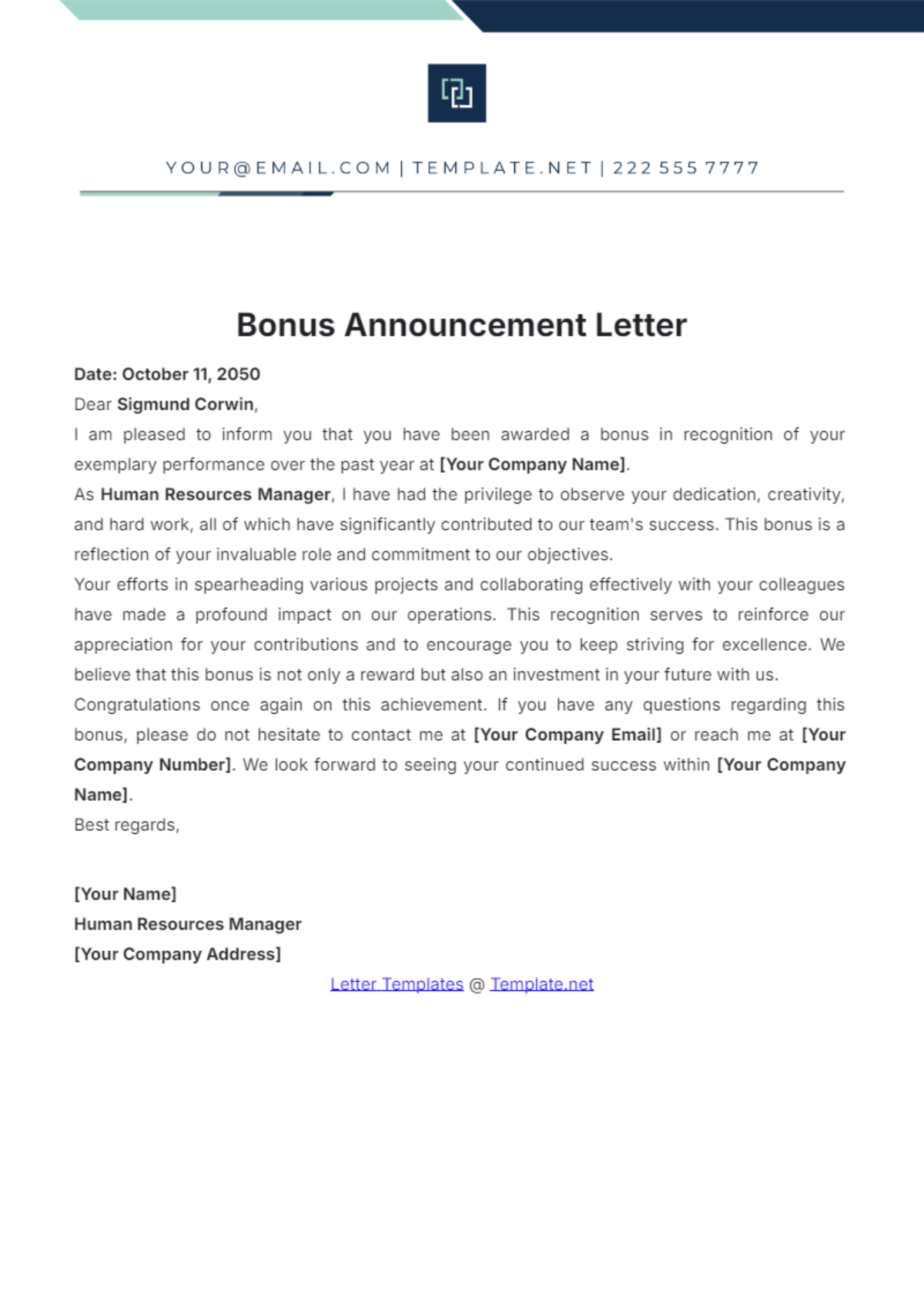 Bonus Announcement Letter Template - Edit Online & Download