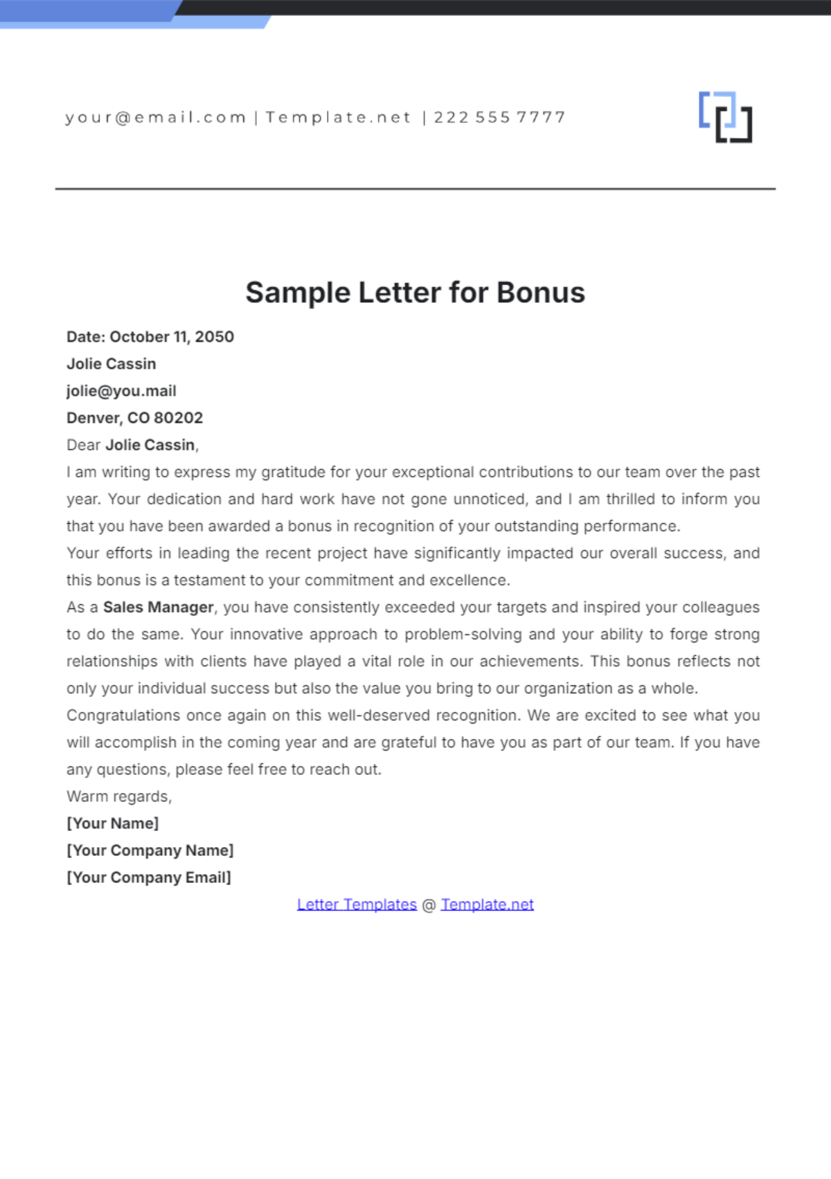 Sample Letter for Bonus Template - Edit Online & Download