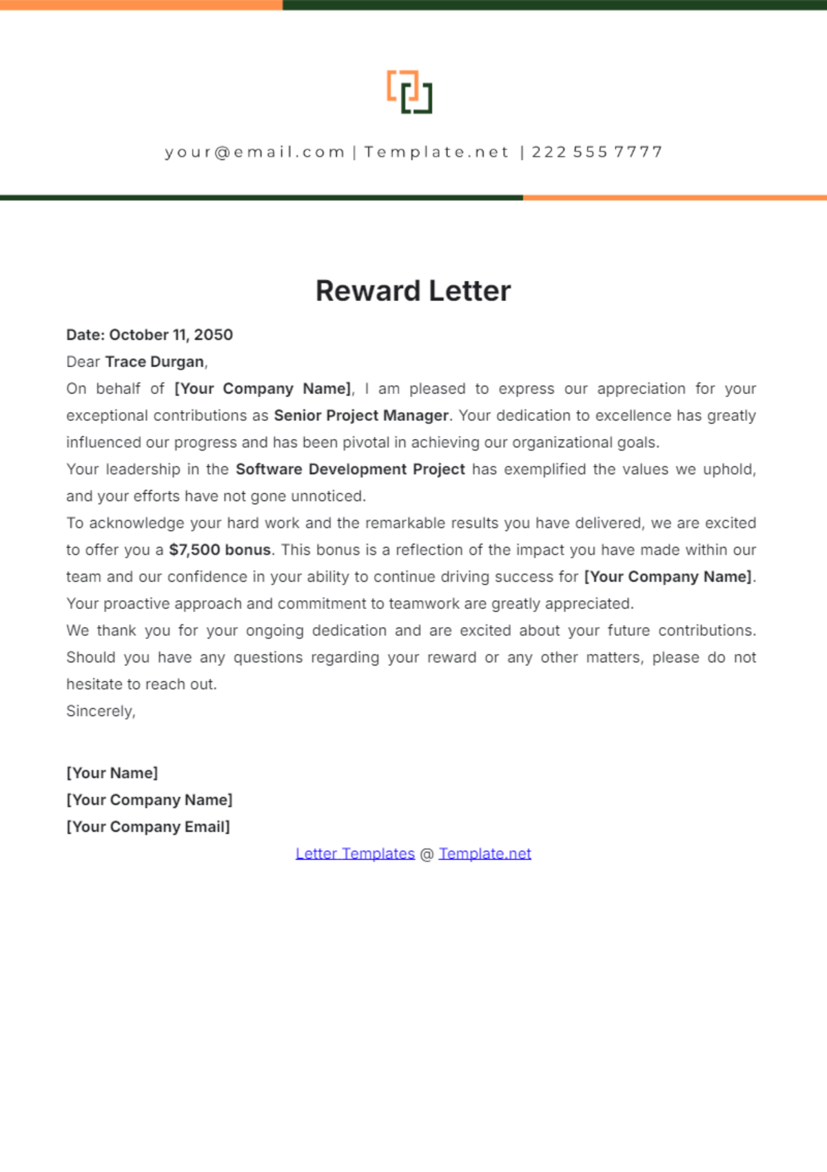 Reward Letter Template - Edit Online & Download