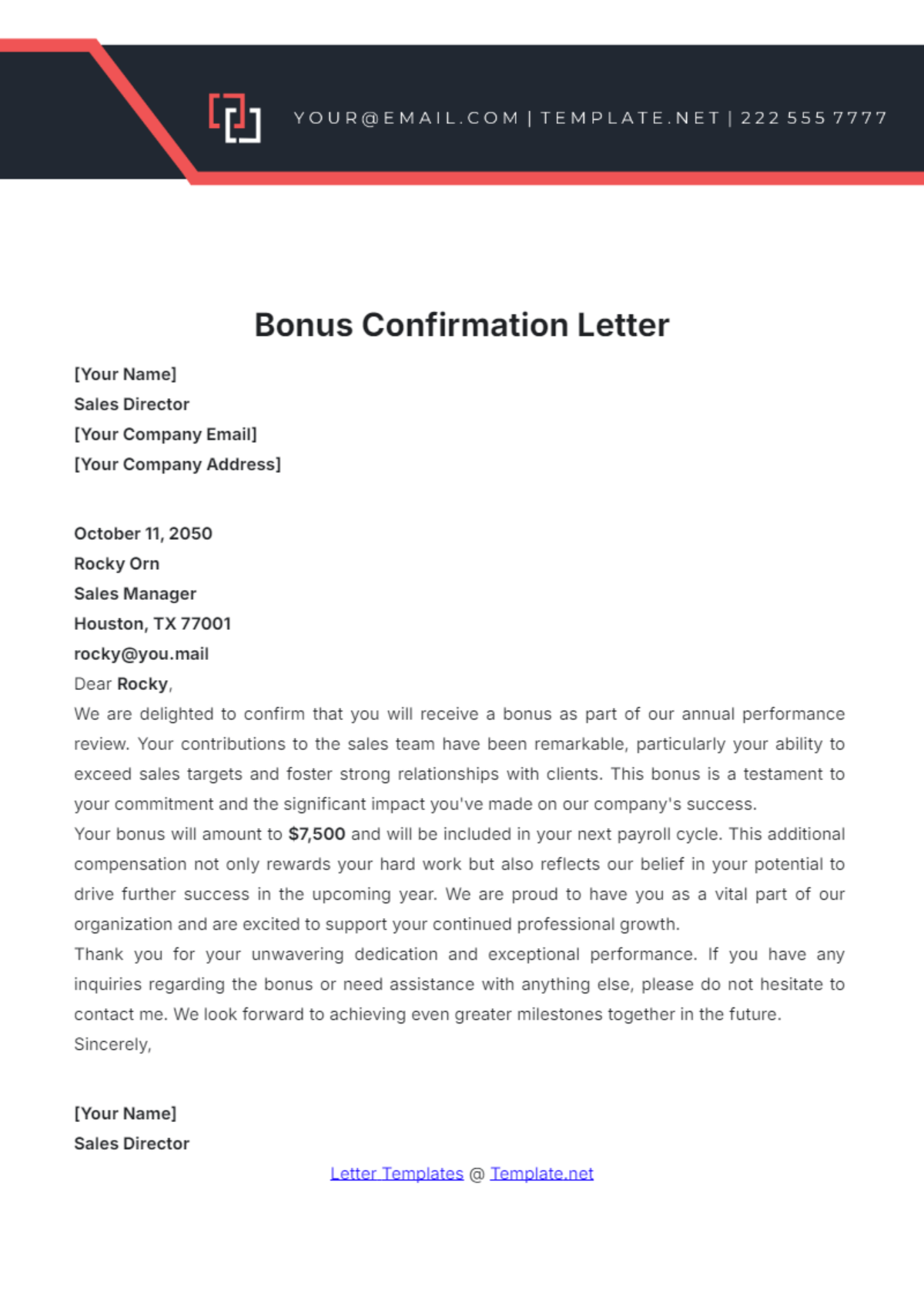 Bonus Confirmation Letter Template - Edit Online & Download