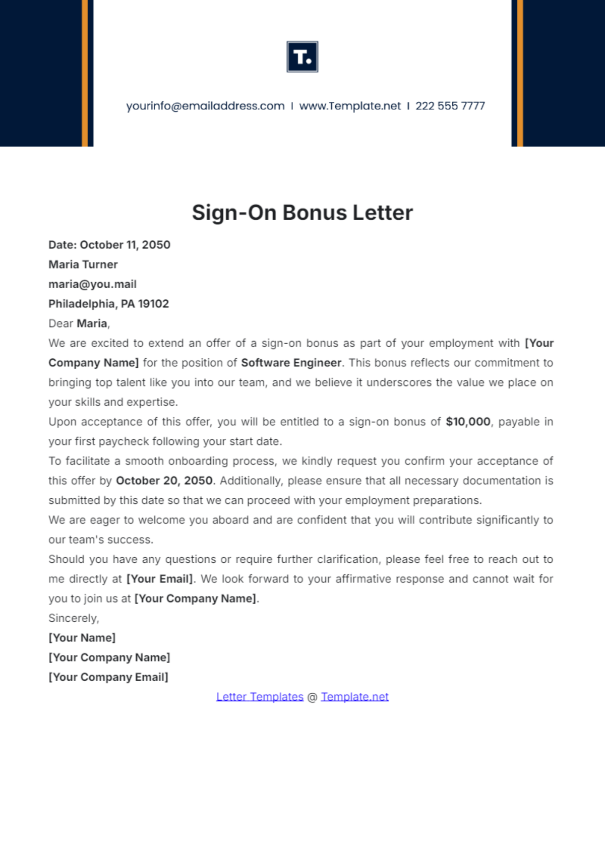 Sign-On Bonus Letter Template - Edit Online & Download