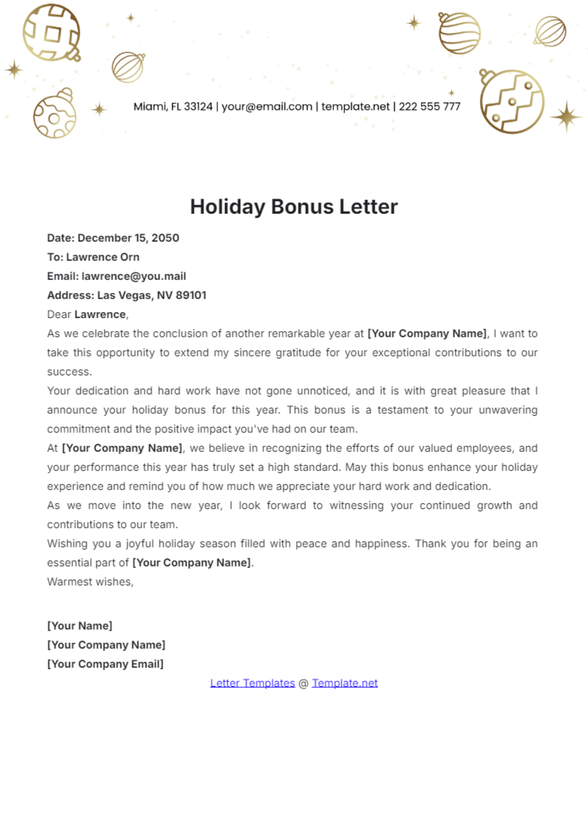 Aesthetic Holiday Bonus Letter Template - Edit Online & Download