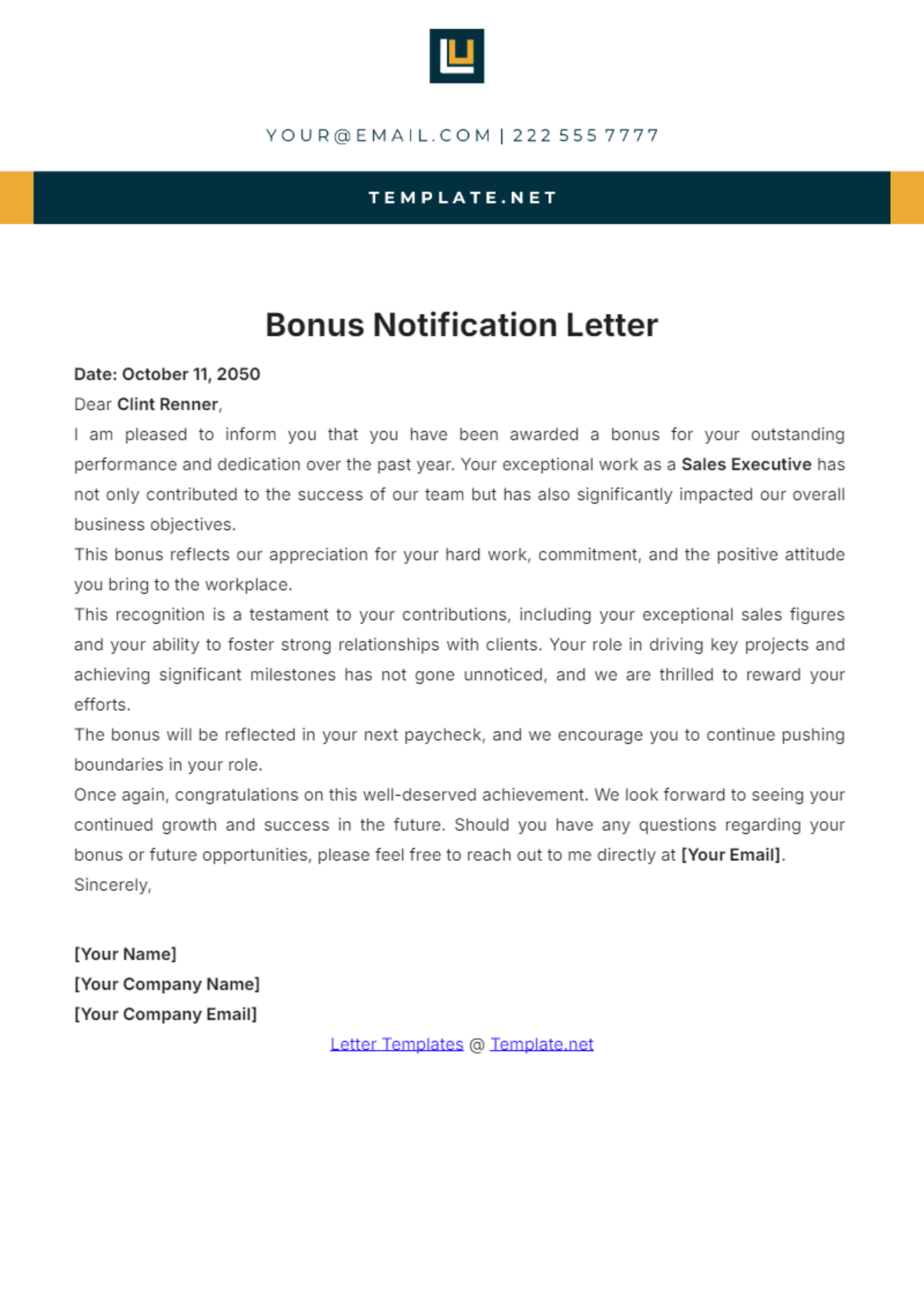 Bonus Notification Letter Template - Edit Online & Download