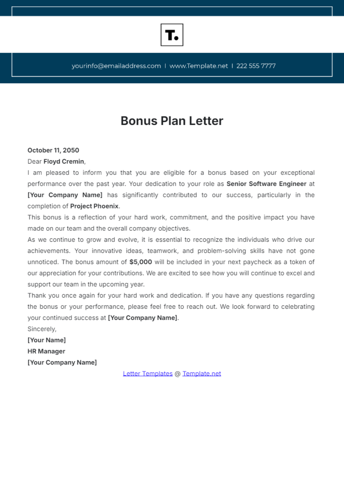 Bonus Plan Letter Template - Edit Online & Download