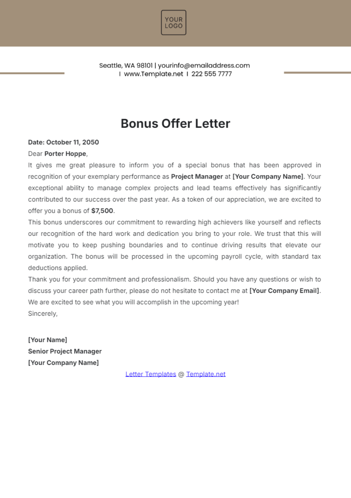 Bonus Offer Letter Template - Edit Online & Download