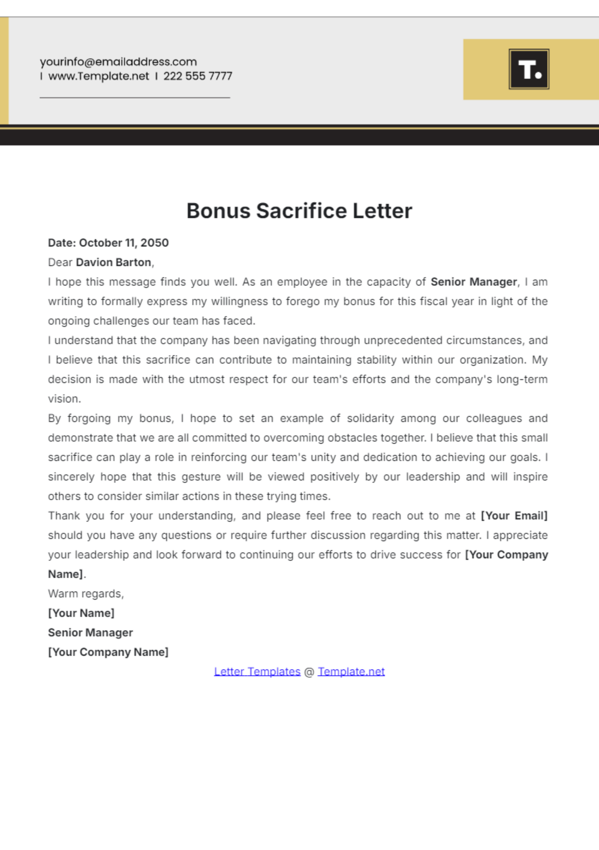 Bonus Sacrifice Letter Template - Edit Online & Download