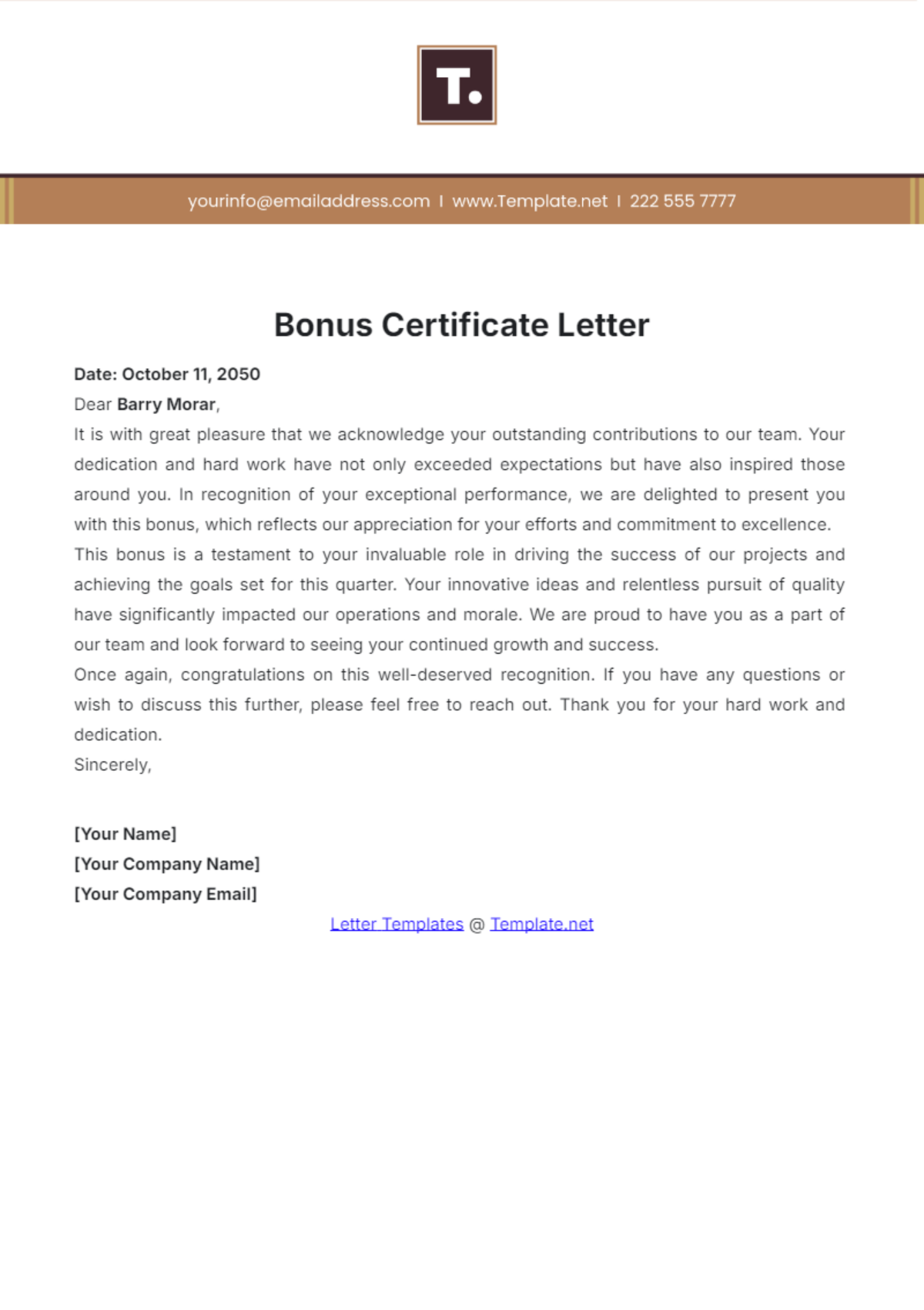 Bonus Certificate Letter Template - Edit Online & Download