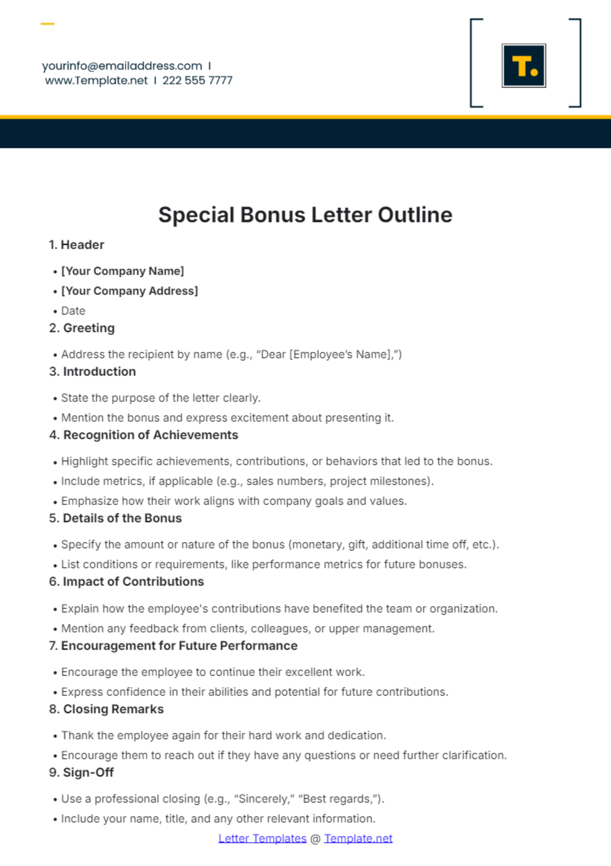 Special Bonus Letter Outline Template - Edit Online & Download