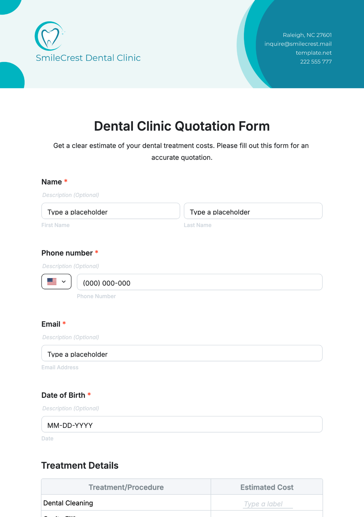 Dental Clinic Quotation Form Template