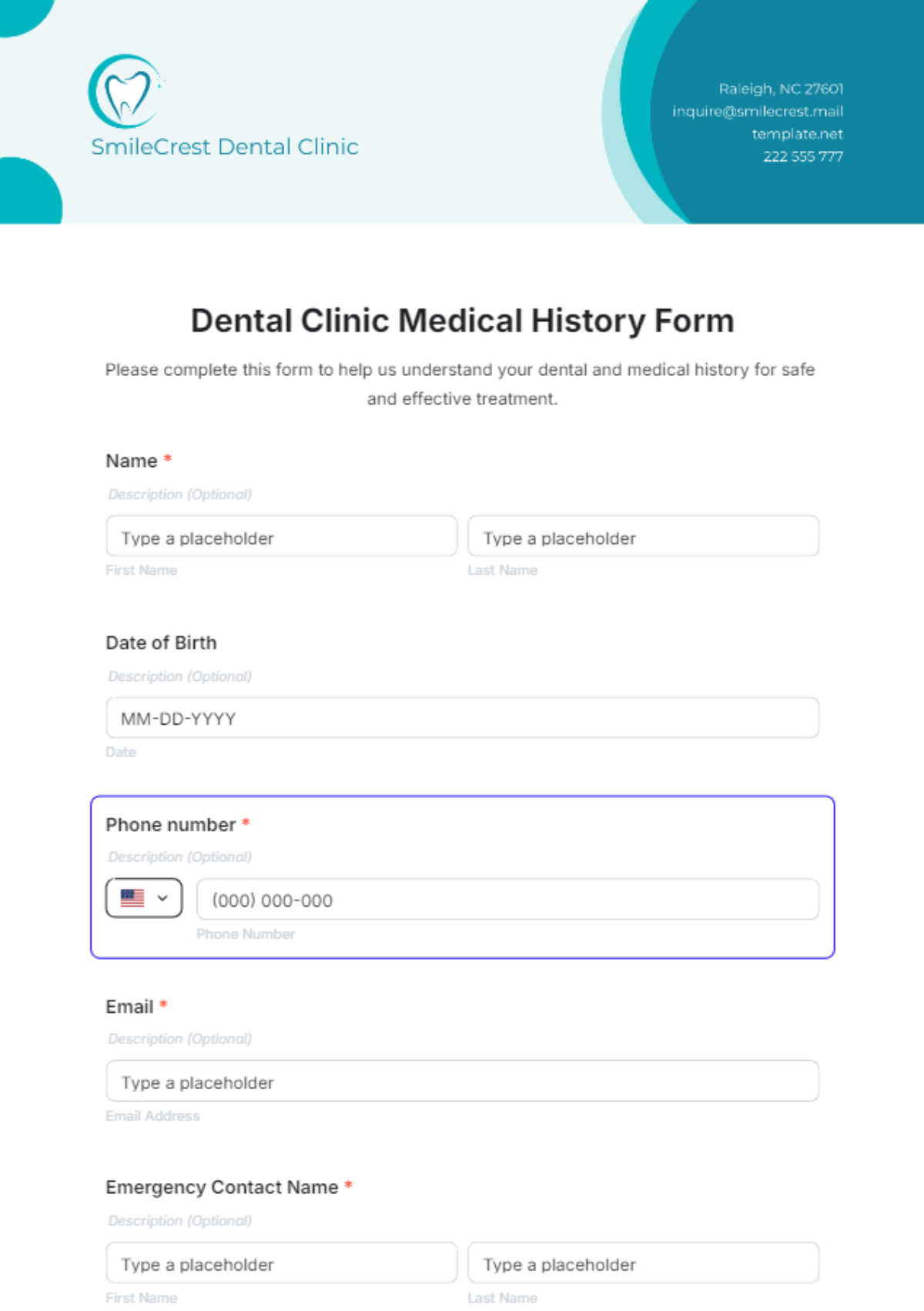 Dental Clinic Medical History Form Template - Edit Online & Download