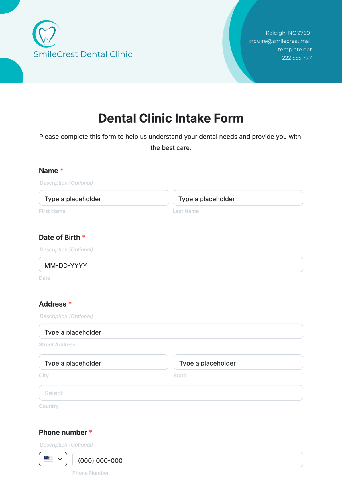 Dental Clinic Intake Form Template