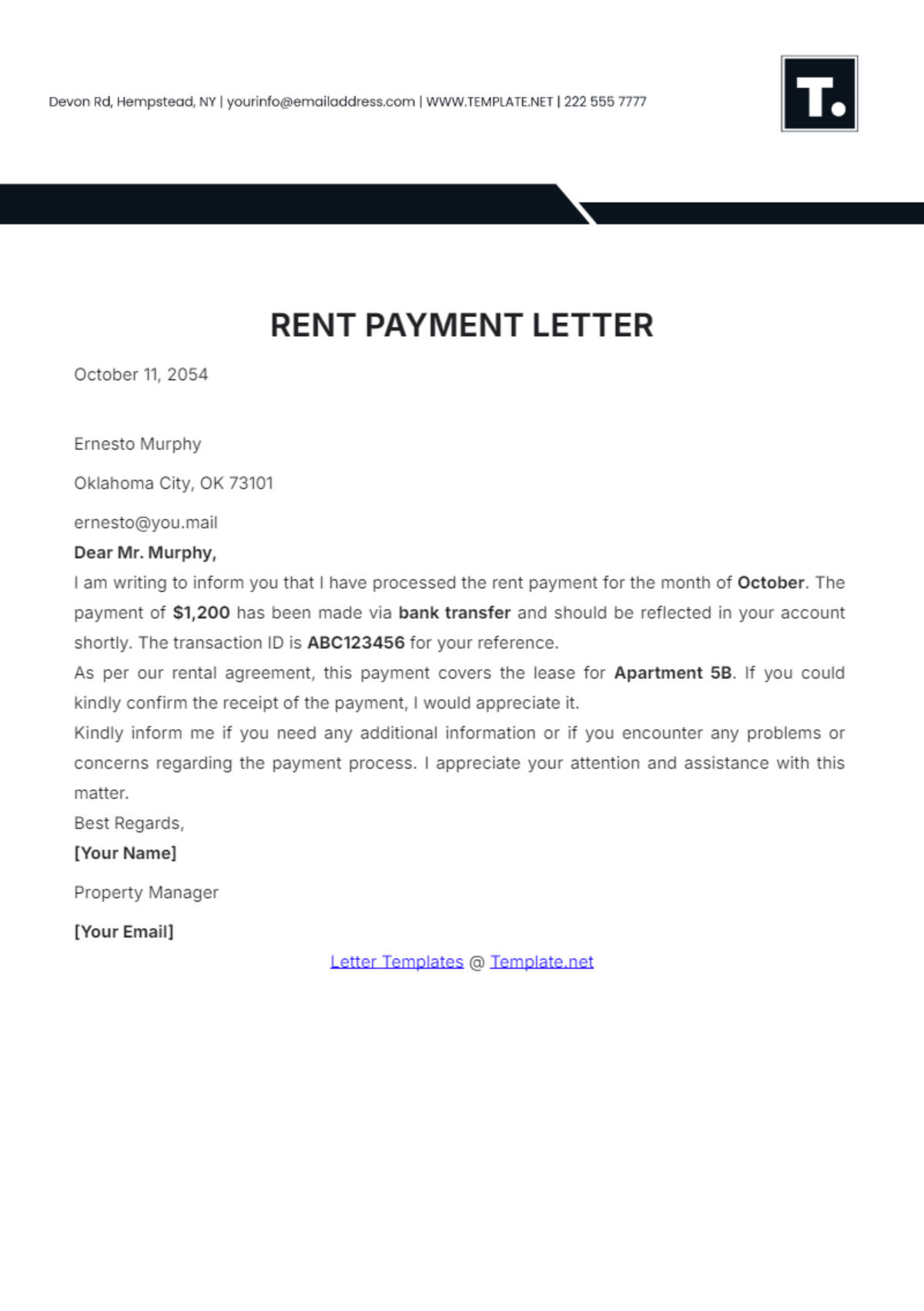 Rent Payment Letter Template - Edit Online & Download