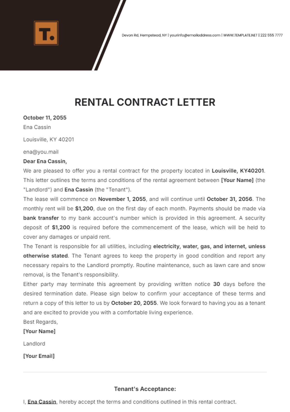 Rental Contract Letter Template - Edit Online & Download