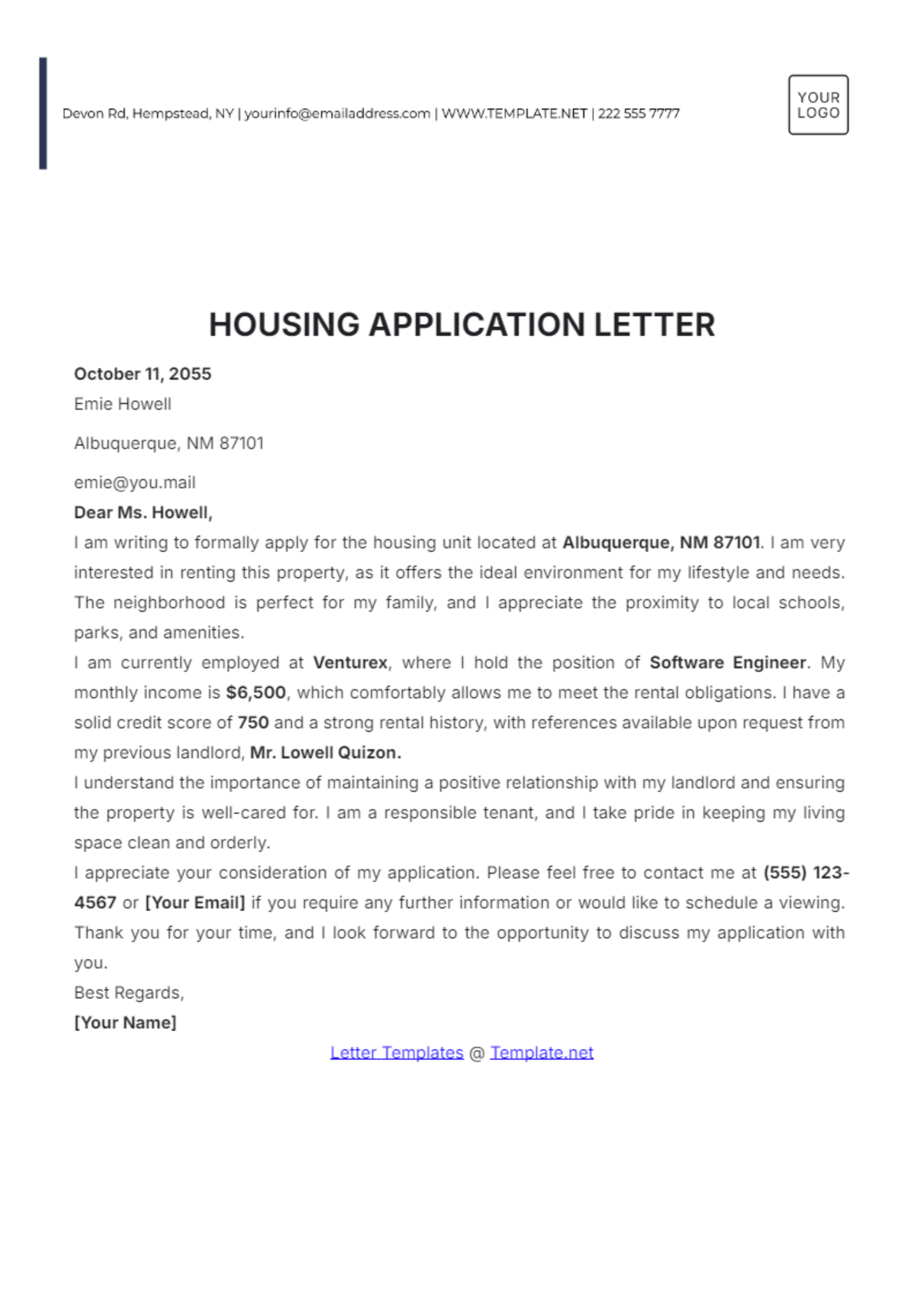 Housing Application Letter Template - Edit Online & Download