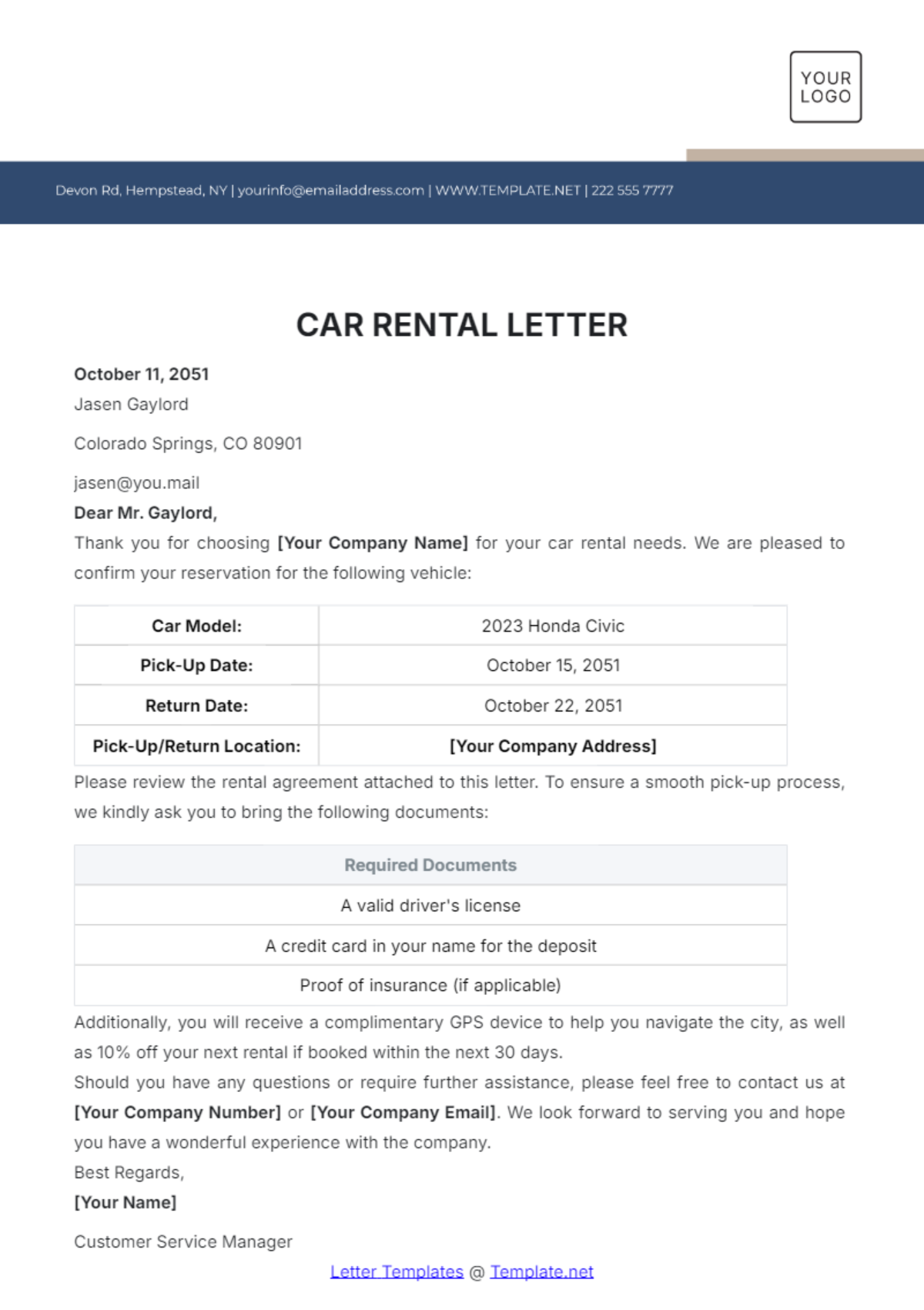 Car Rental Letter Template - Edit Online & Download