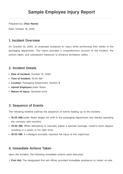 Free Sample Employee Injury Report Template to Edit Online