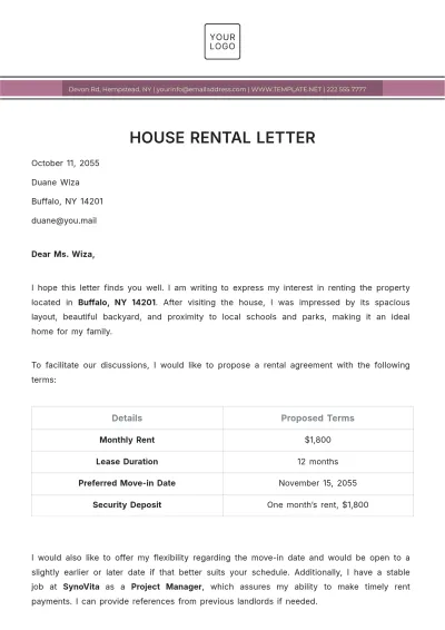Free House Rental Letter Template to Edit Online