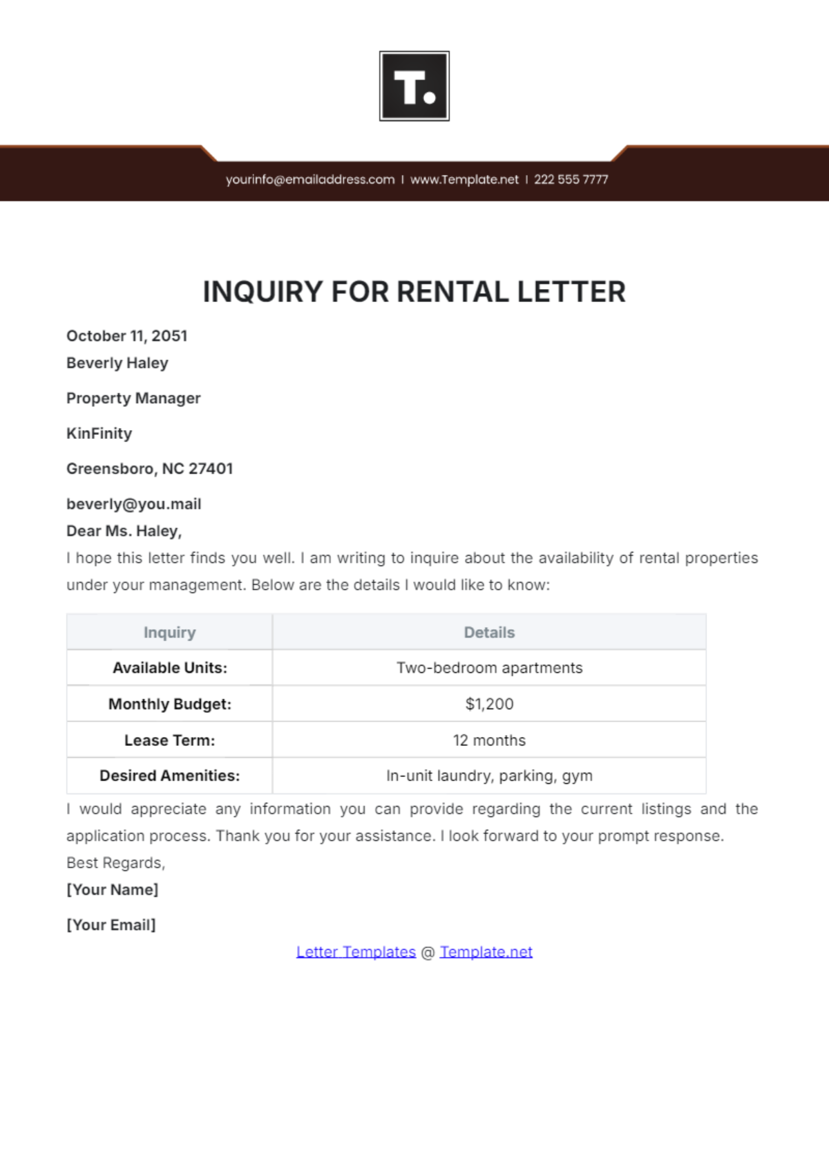 Inquiry for Rental Letter Template - Edit Online & Download