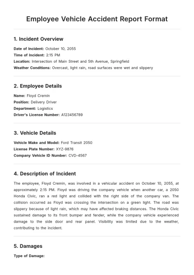 Free Employee Vehicle Accident Report Format Template to Edit Online