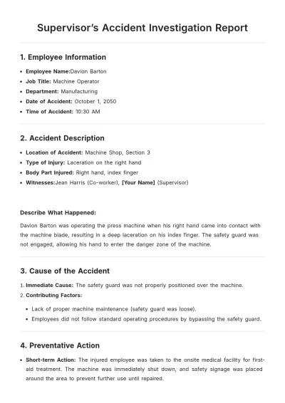 Free Supervisor???s Accident Investigation Report Template to Edit Online