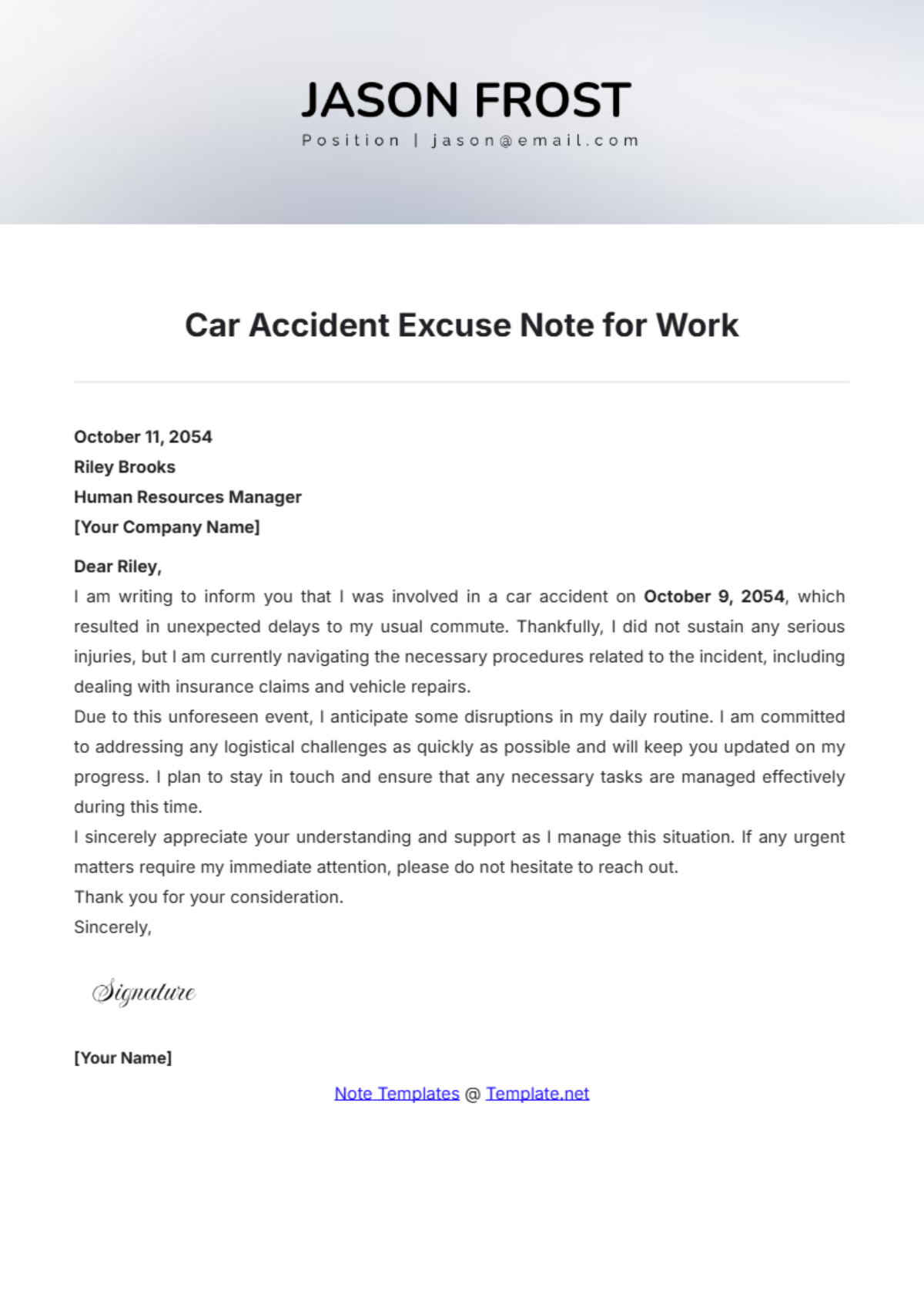 Car Accident Excuse Note for Work Template - Edit Online & Download