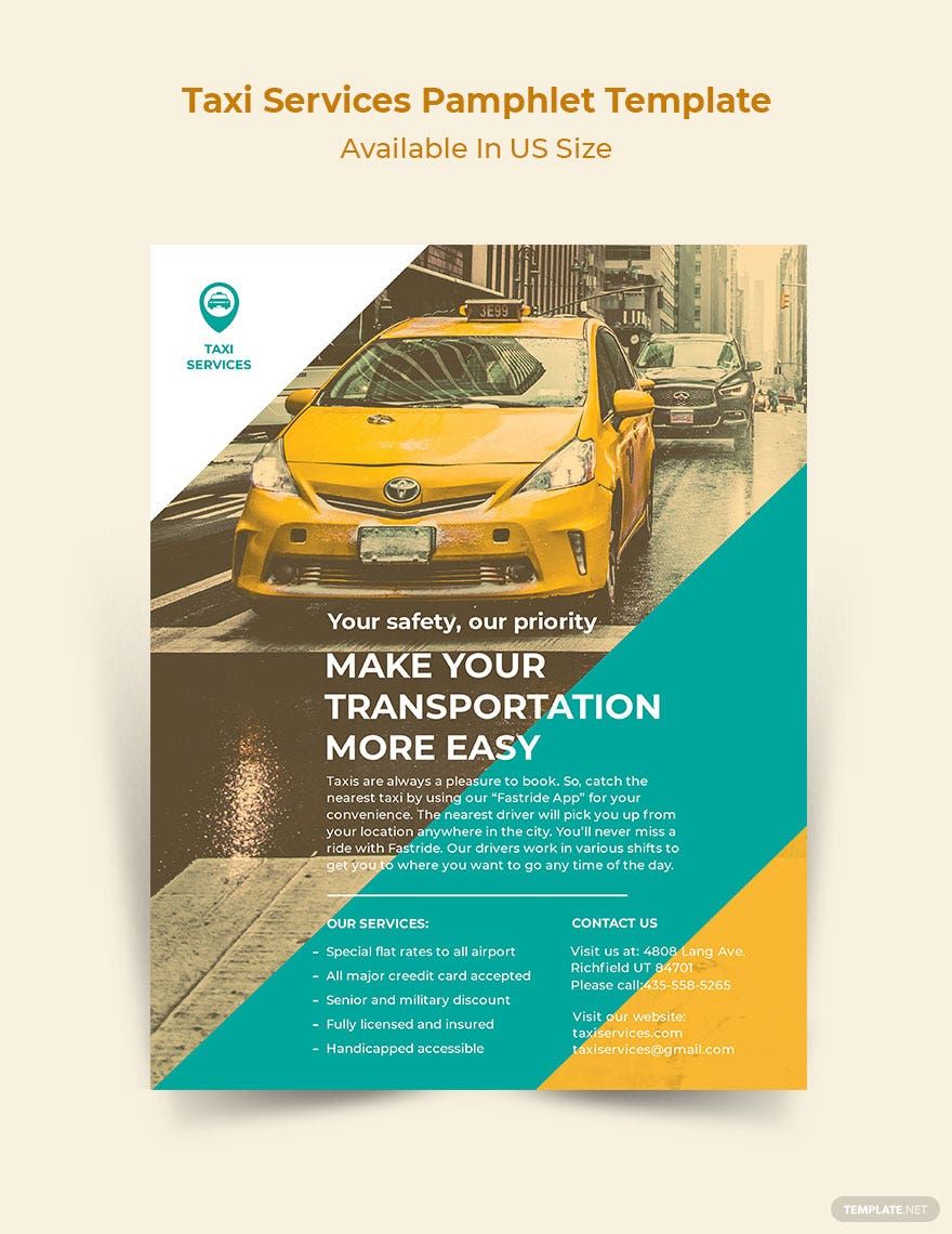 Free Taxi Services Pamphlet Template in Word, Google Docs, Illustrator, PSD, Apple Pages, Publisher, InDesign