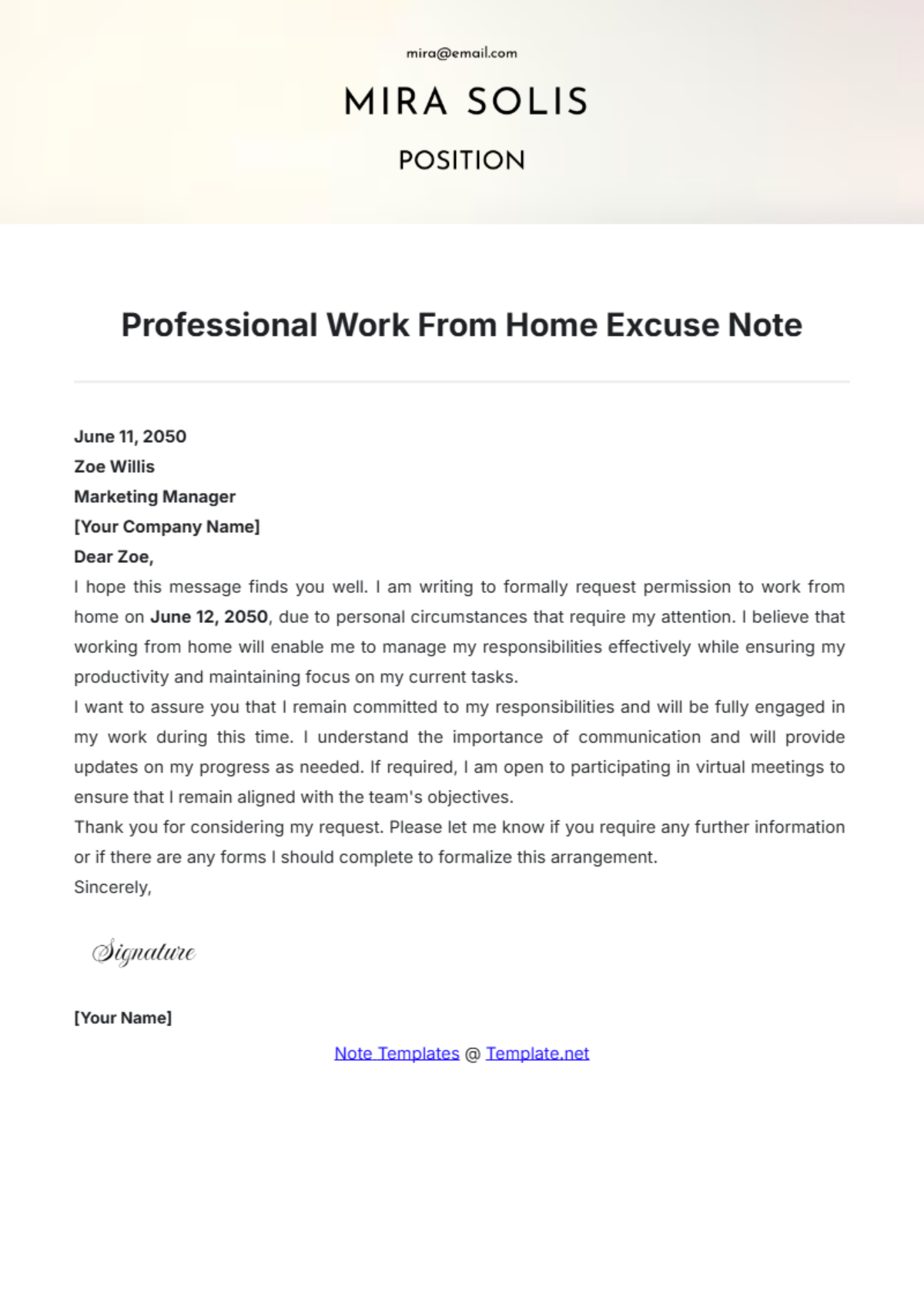 Professional Work From Home Excuse Note Template - Edit Online & Download