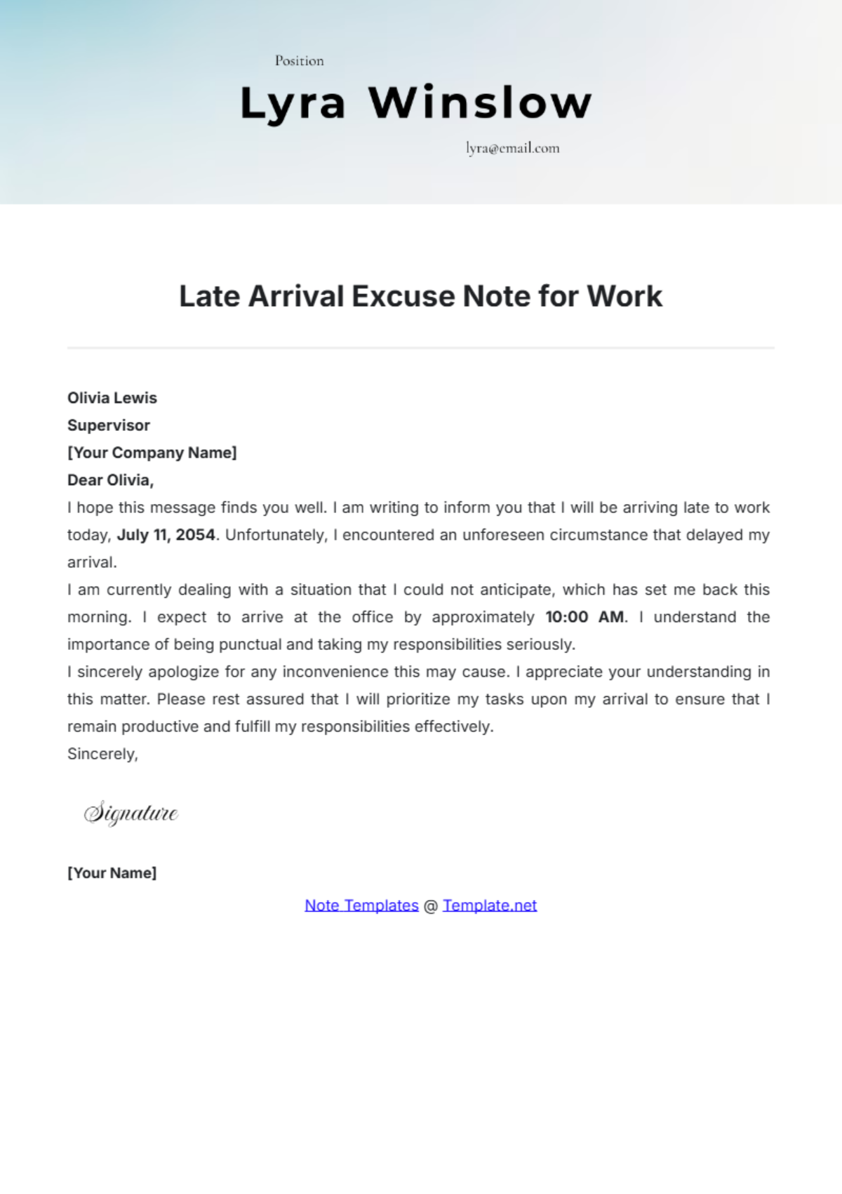 Late Arrival Excuse Note for Work Template - Edit Online & Download