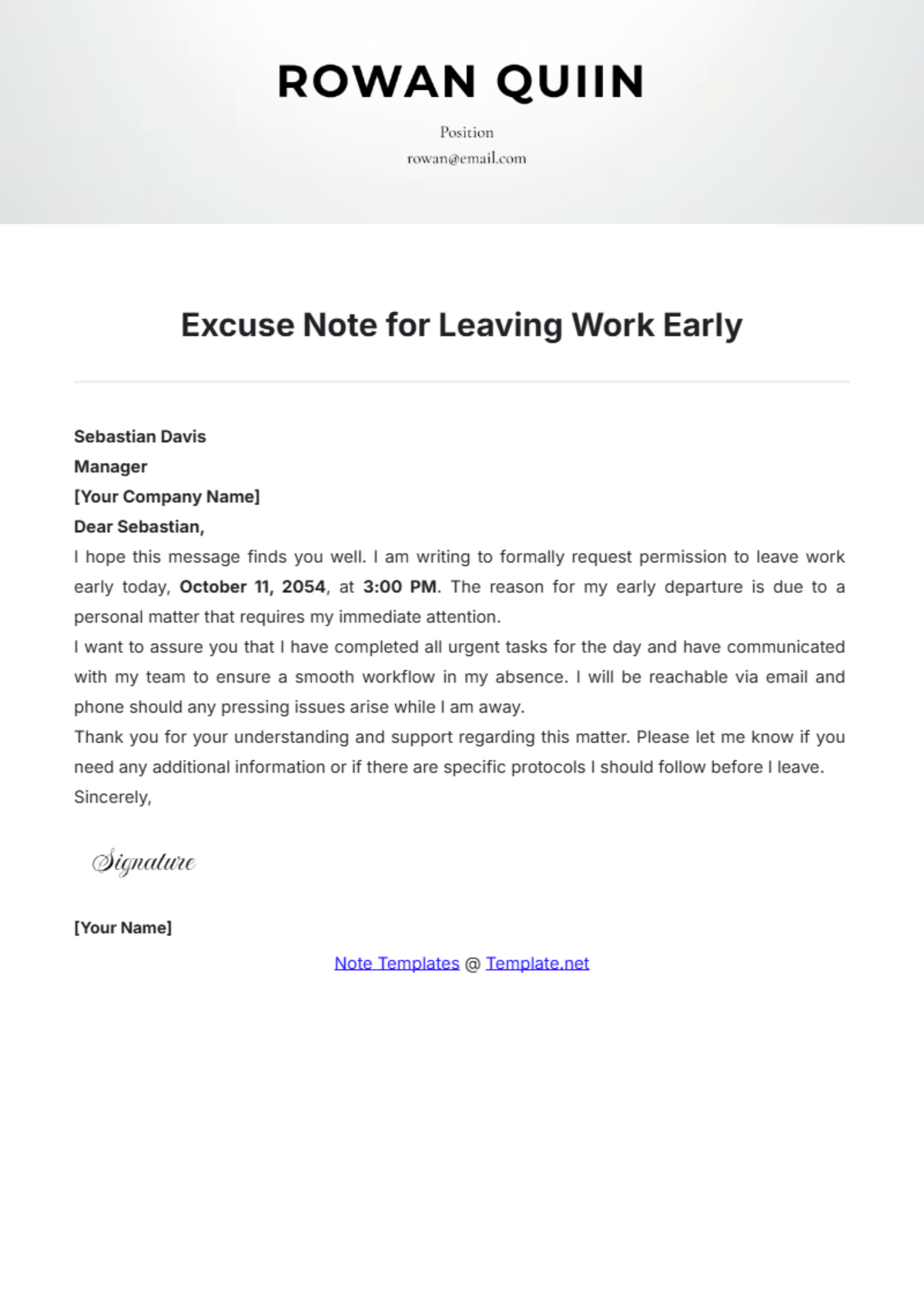 Excuse Note for Leaving Work Early Template - Edit Online & Download