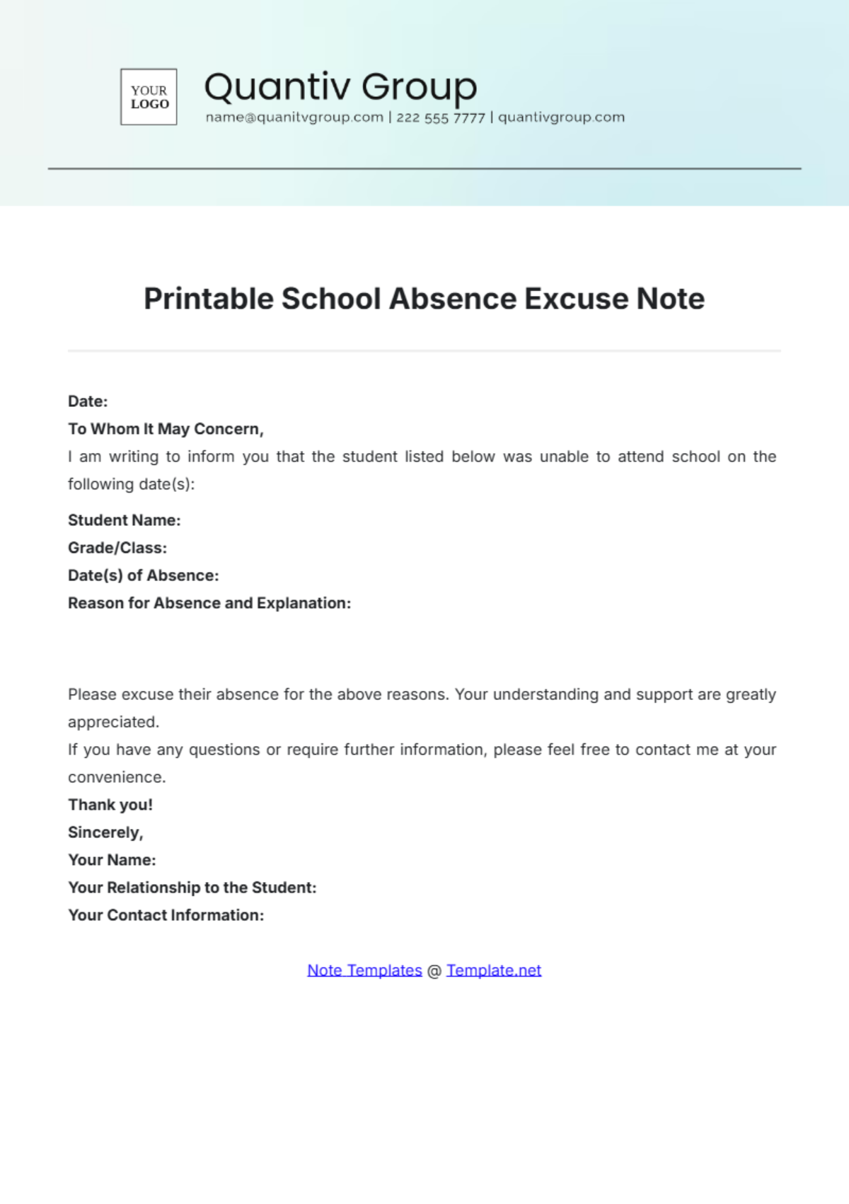 Printable School Absence Excuse Note Template - Edit Online & Download