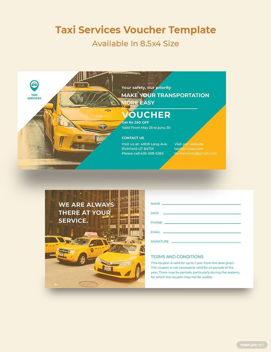 Taxi Services Voucher Template in Word, Illustrator, PSD, Publisher, InDesign