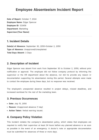 Free Employee Absenteeism Incident Report Template to Edit Online