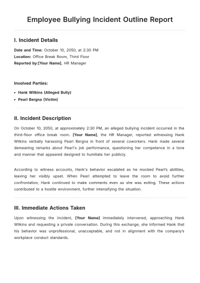 Free Employee Bullying Incident Outline Report Template to Edit Online