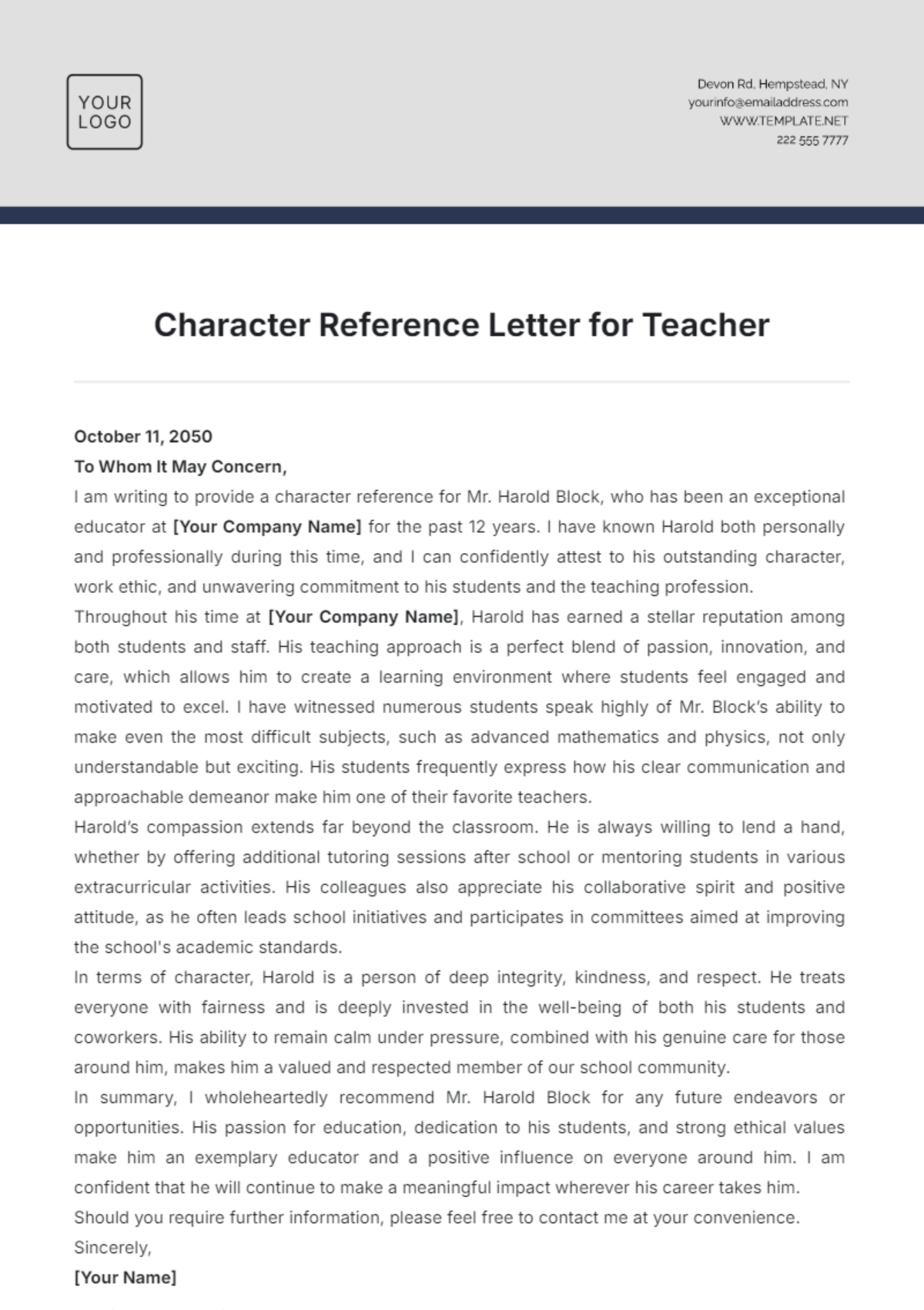 Character Reference Letter for Teacher Template - Edit Online & Download