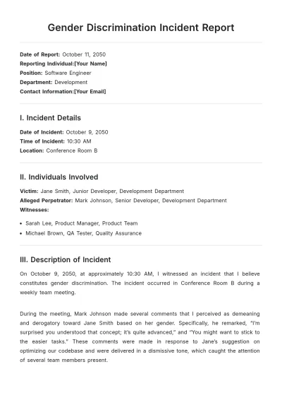 Free Gender Discrimination Incident Report Template to Edit Online