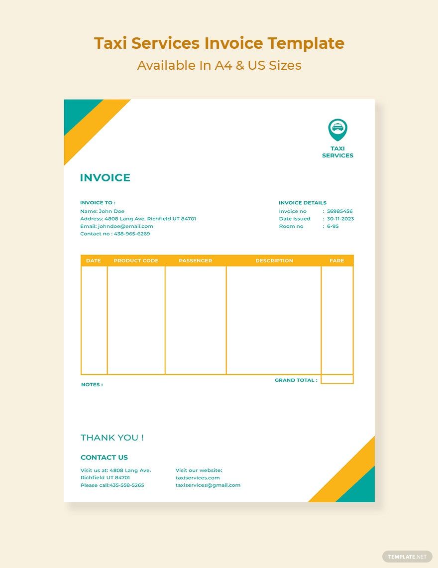 Taxi Services Invoice Template