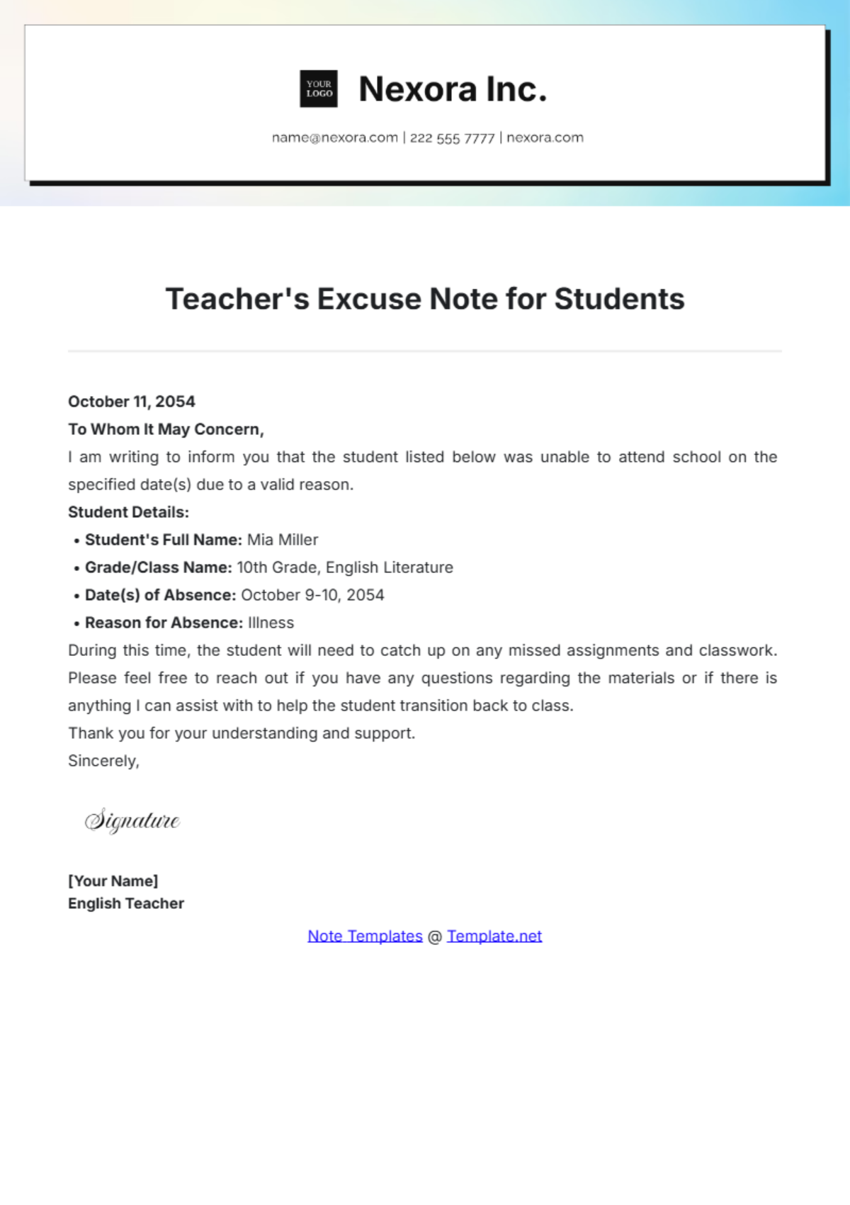 Teachers Excuse Note for Students Template - Edit Online & Download