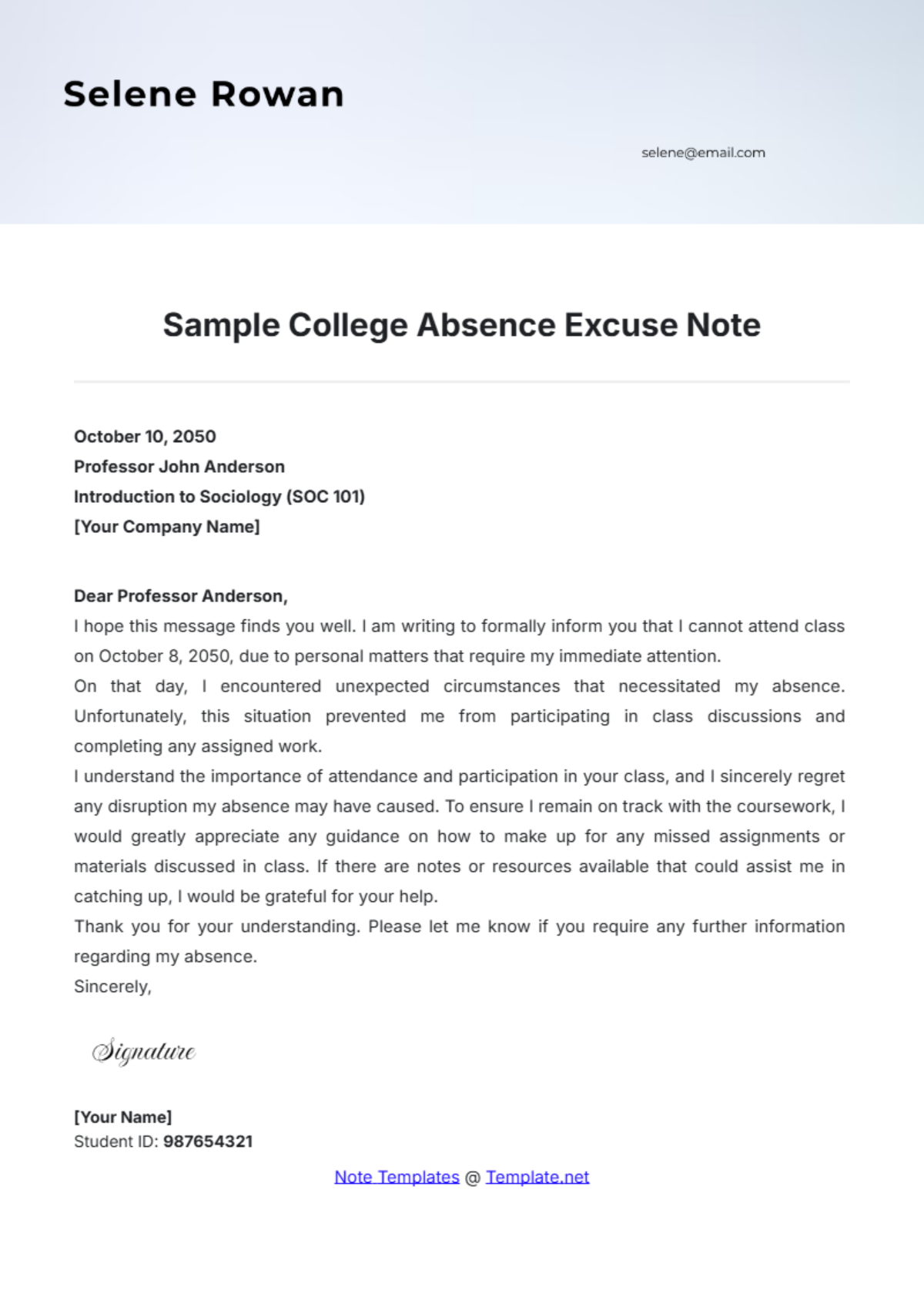 Sample College Absence Excuse Note Template - Edit Online & Download