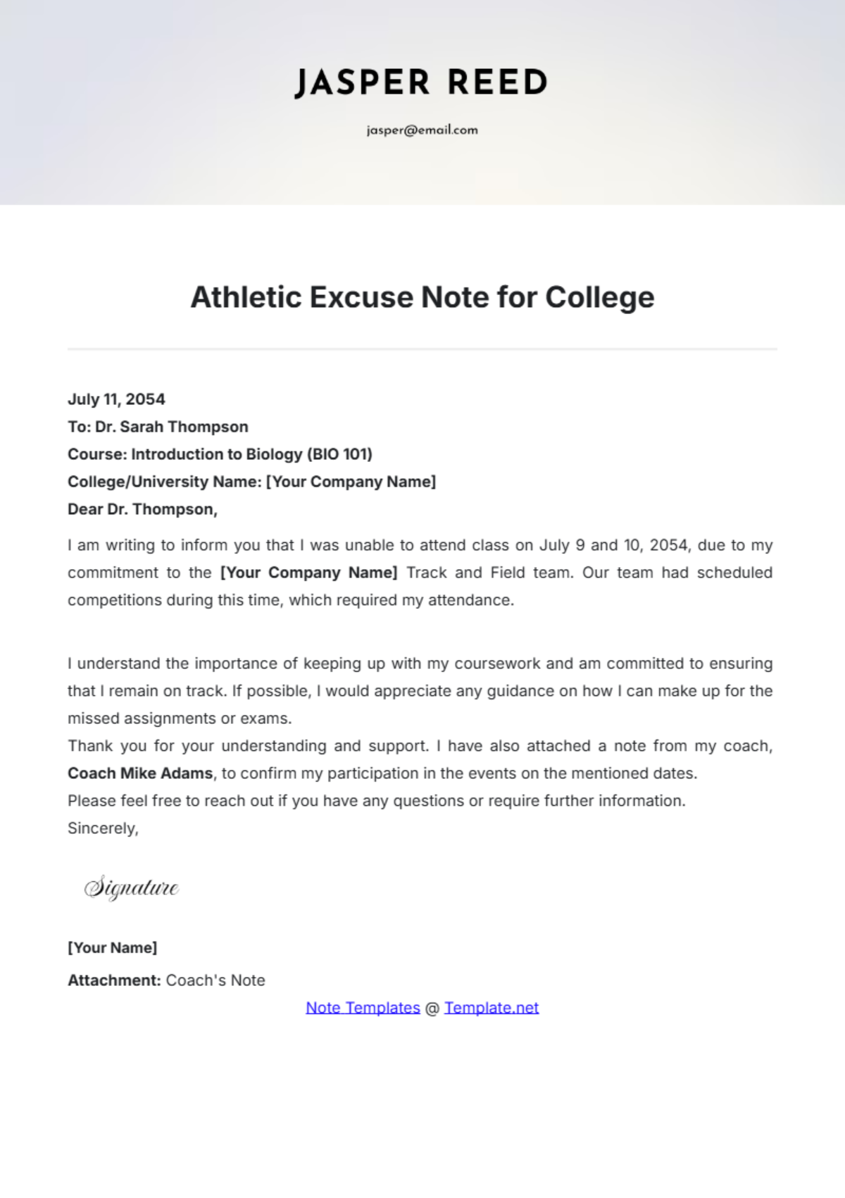 Athletic Excuse Note for College Template - Edit Online & Download