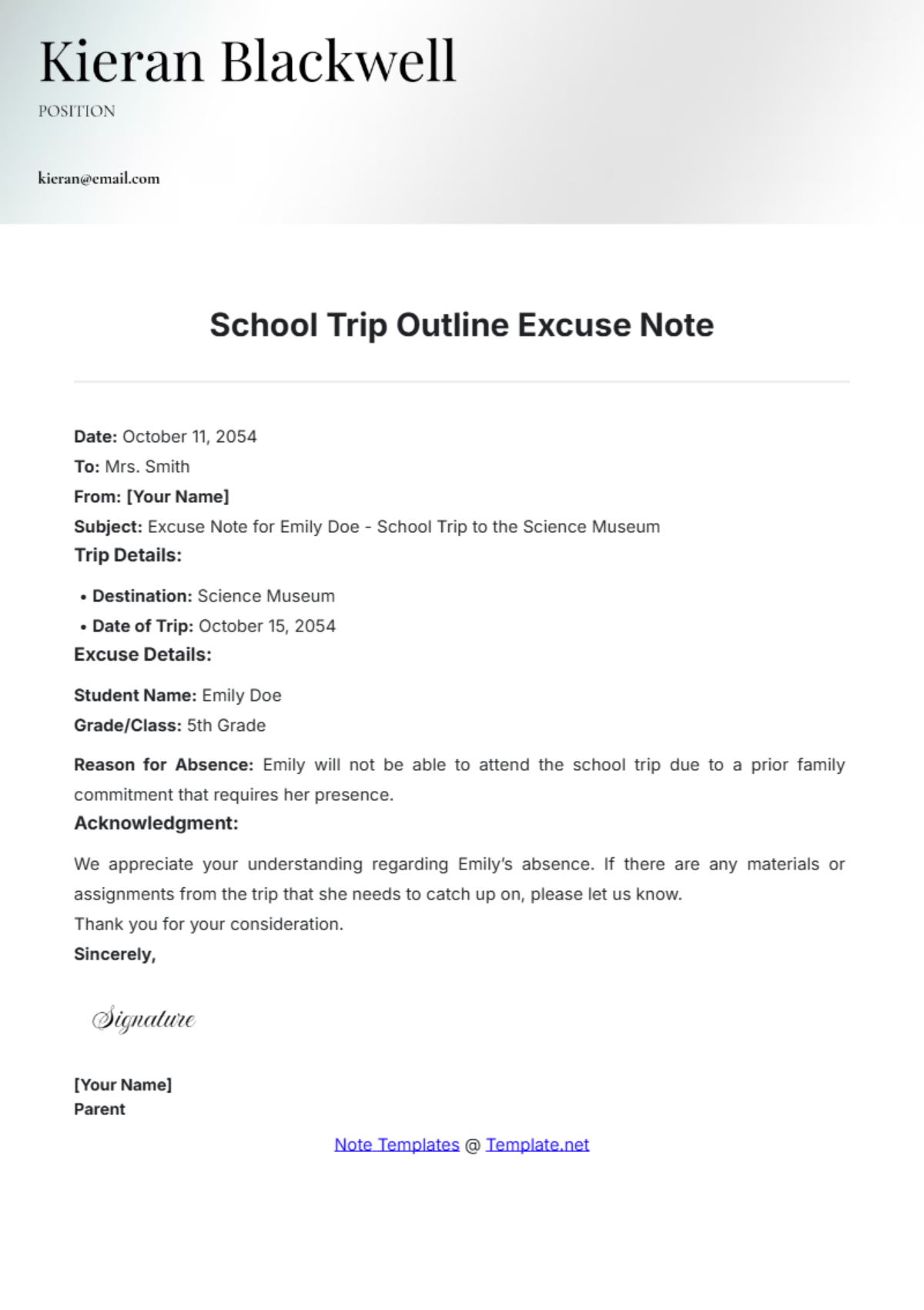 School Trip Outline Excuse Note Template - Edit Online & Download