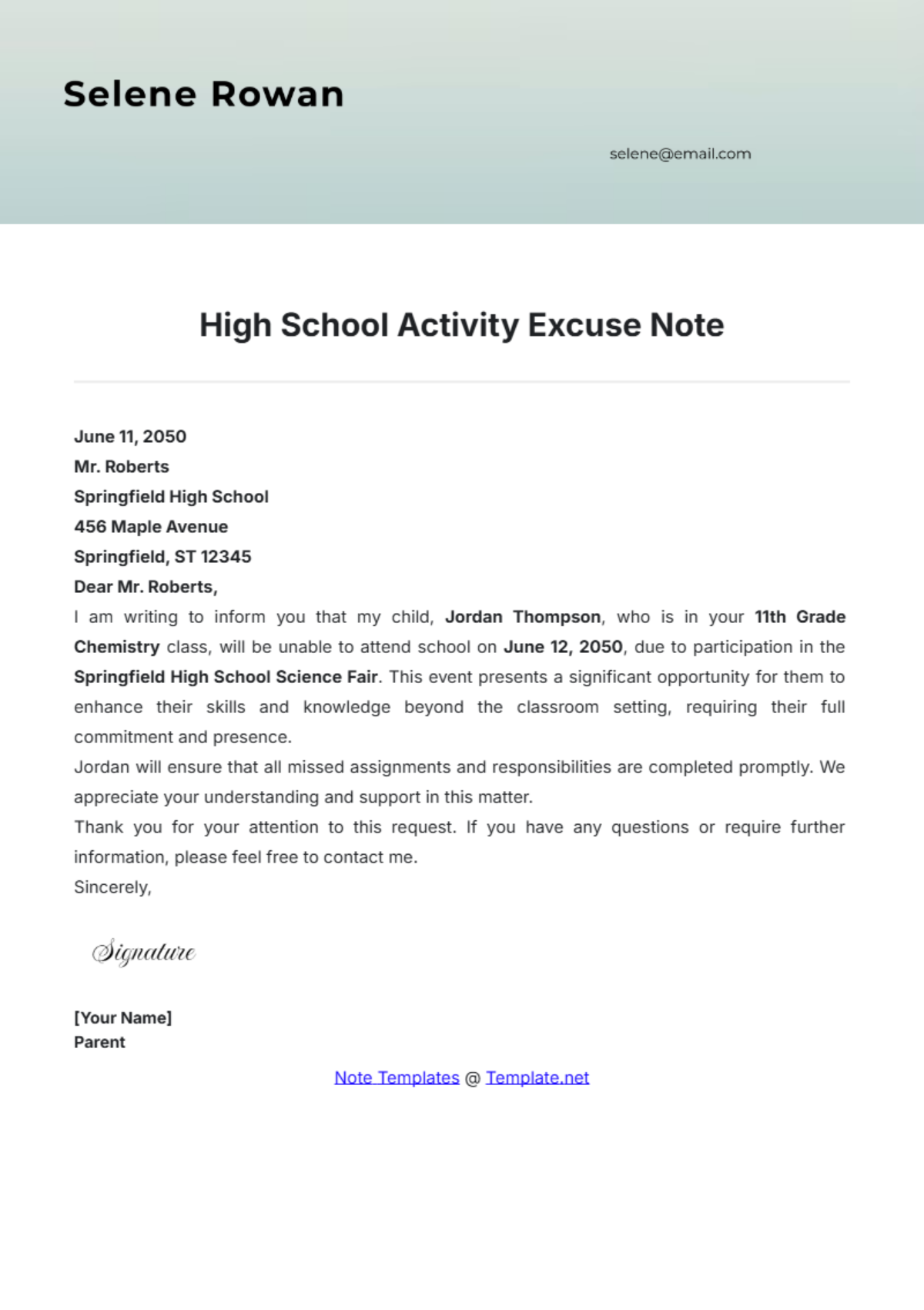 High School Activity Excuse Note Template - Edit Online & Download