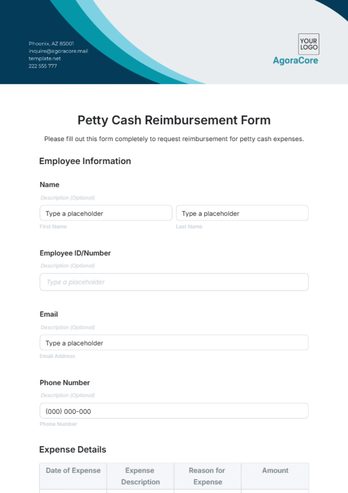 Petty Cash Reimbursement Form Template - Edit Online & Download