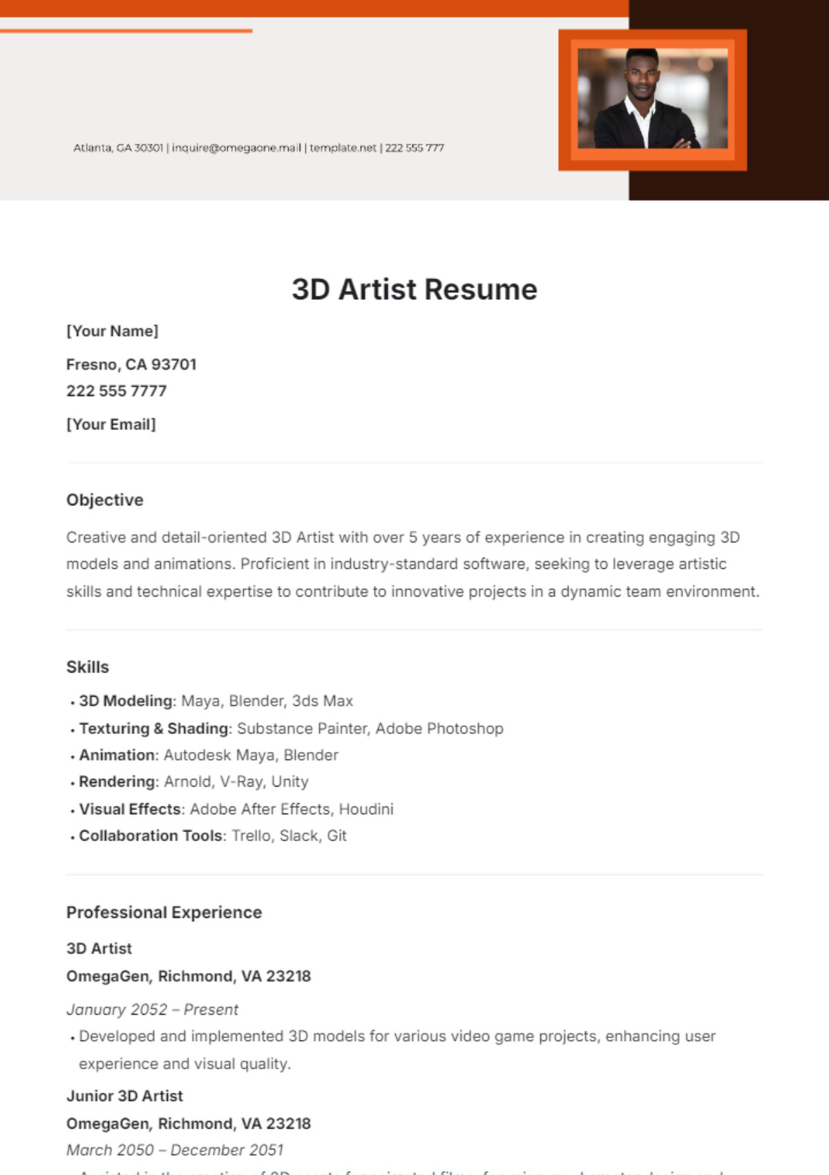 3D Artist Resume Template - Edit Online & Download