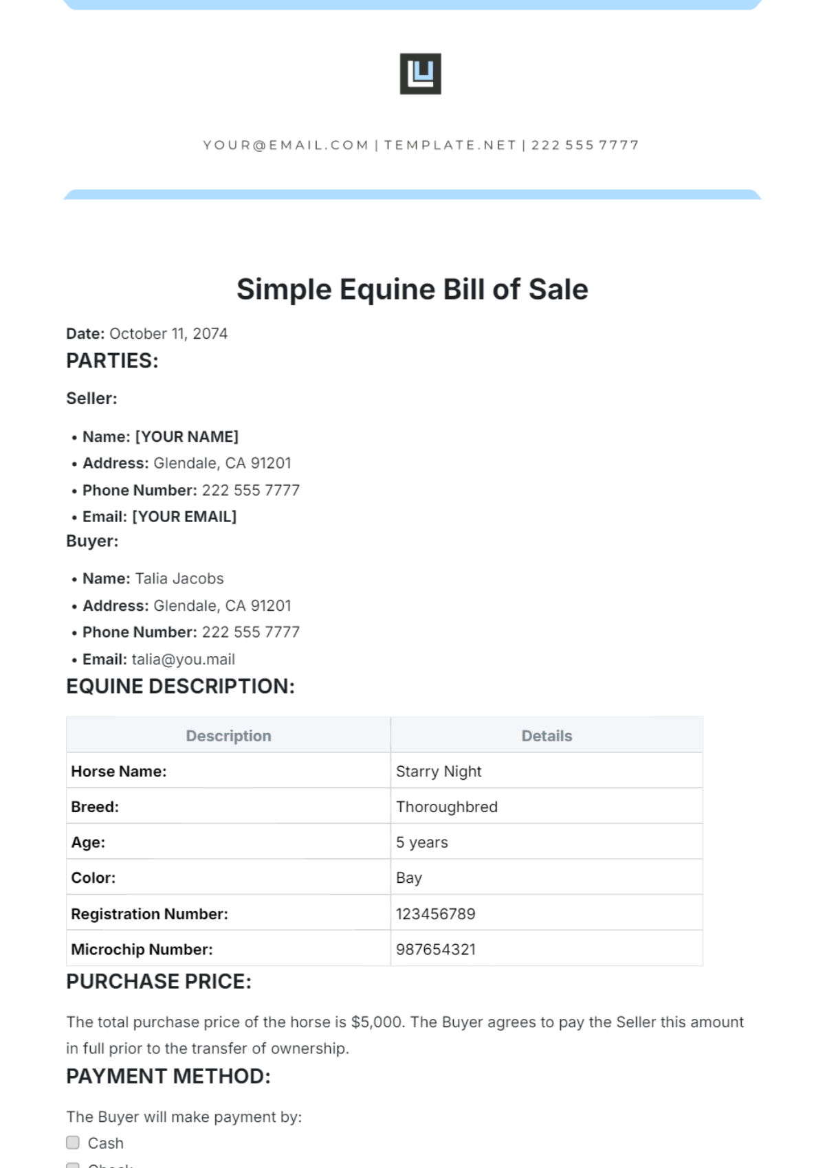 Simple Equine Bill of Sale Template - Edit Online & Download