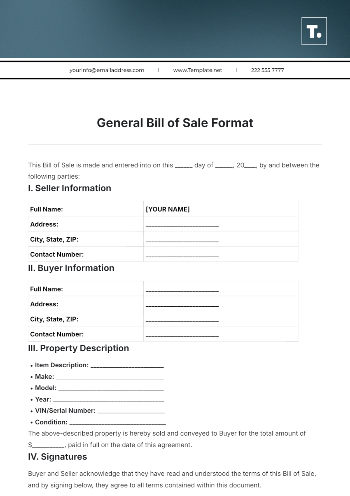 General Bill of Sale Format Template - Edit Online & Download