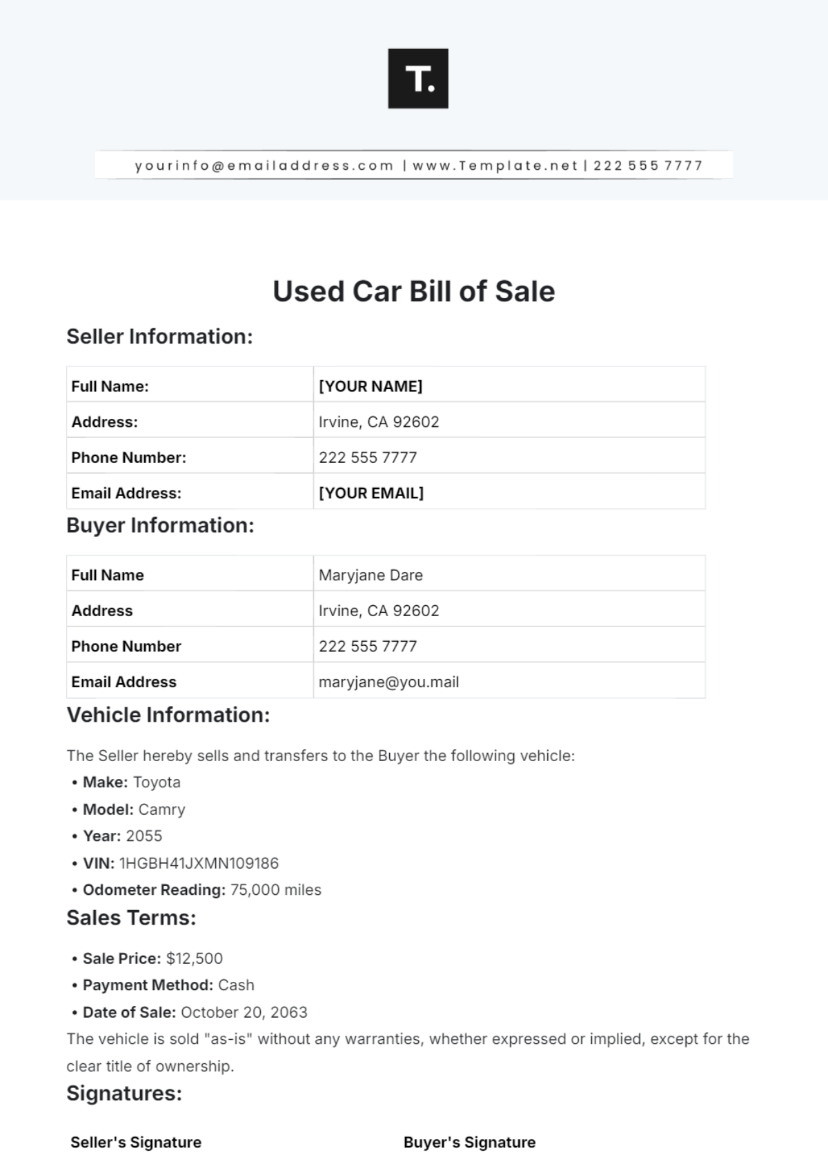 Used Car Bill of Sale Template - Edit Online & Download