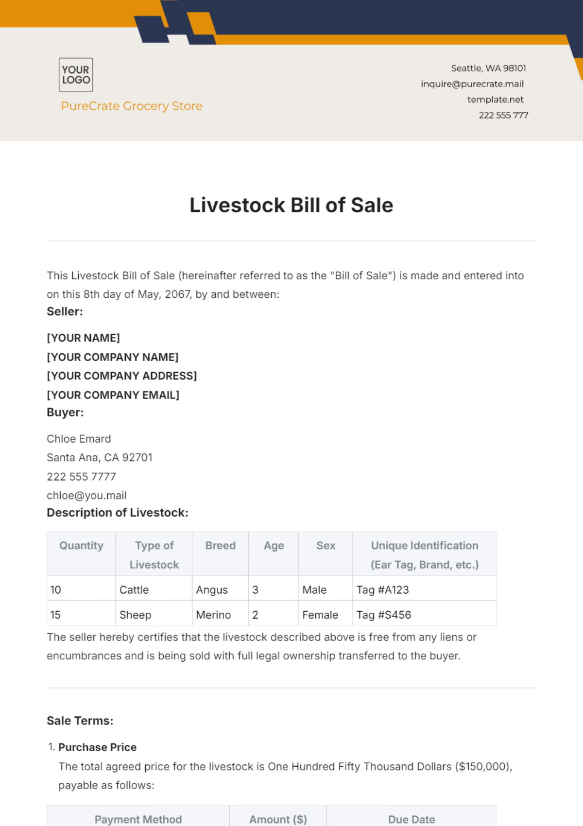 Livestock Bill of Sale Template - Edit Online & Download