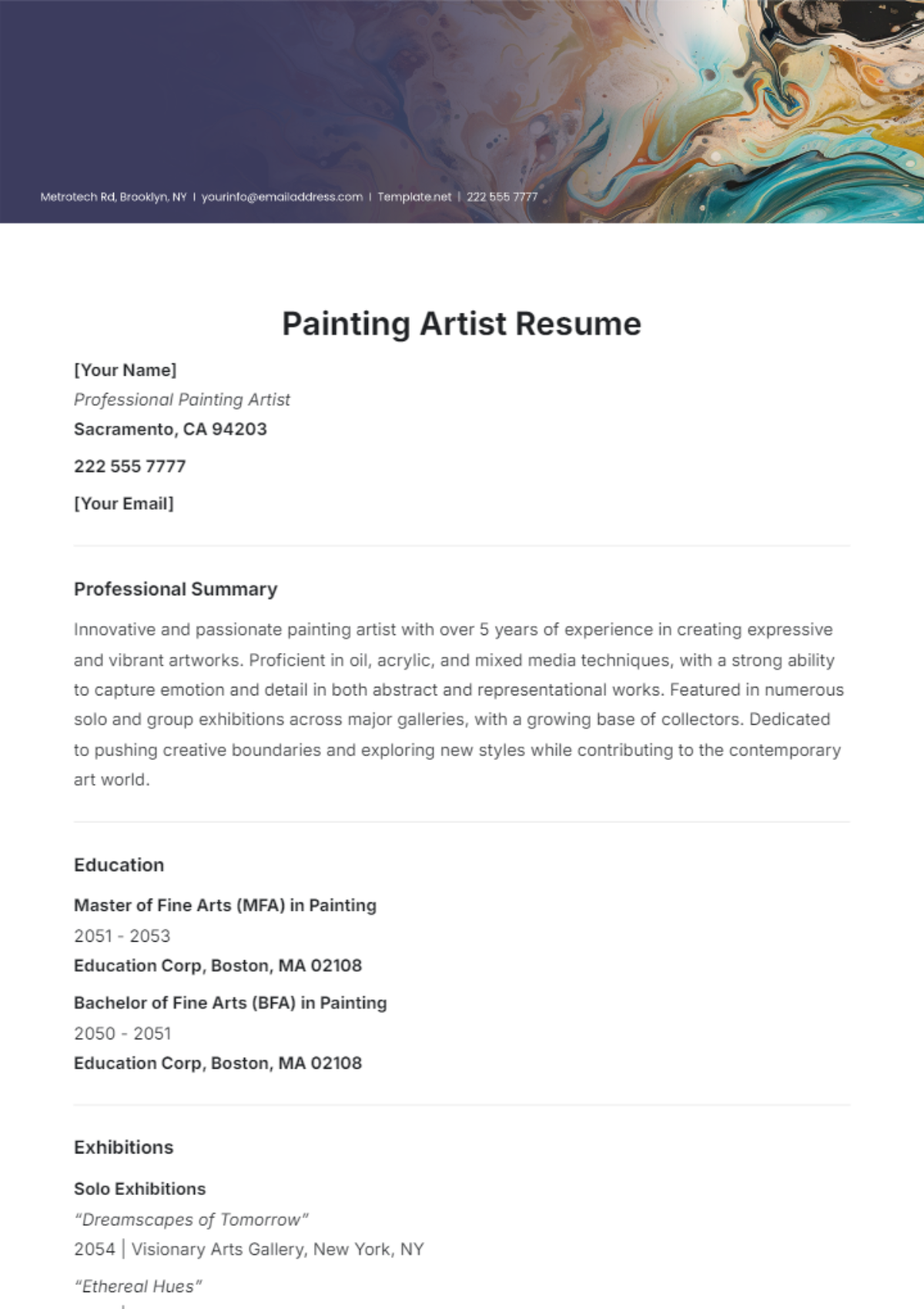 Painting Artist Resume Template - Edit Online & Download