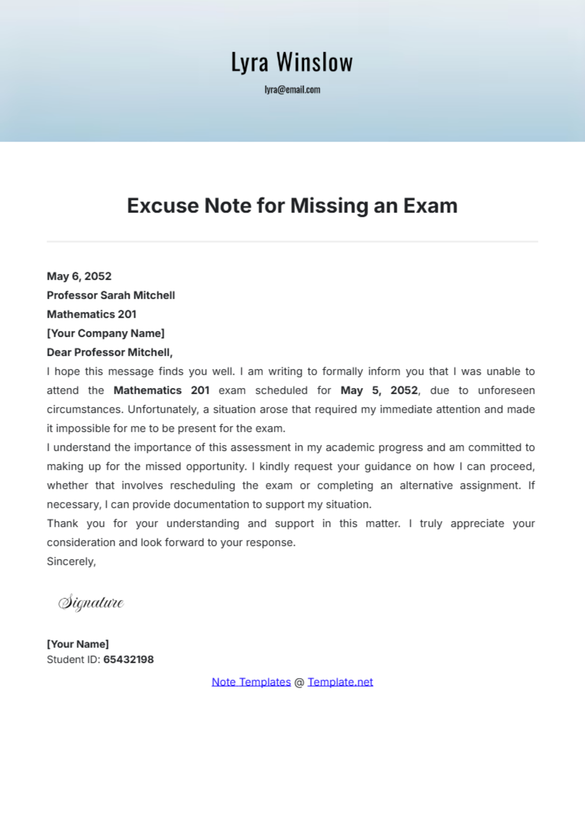 Excuse Note for Missing an Exam Template - Edit Online & Download